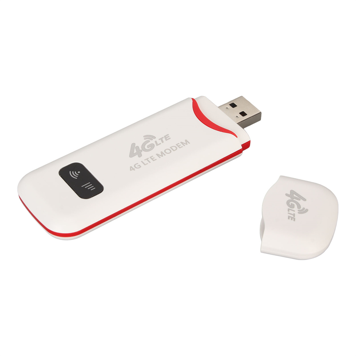 Weiß-rotes 4G-LTE-Modem mit abgenommenem Deckel. USB-Anschluss sichtbar.
