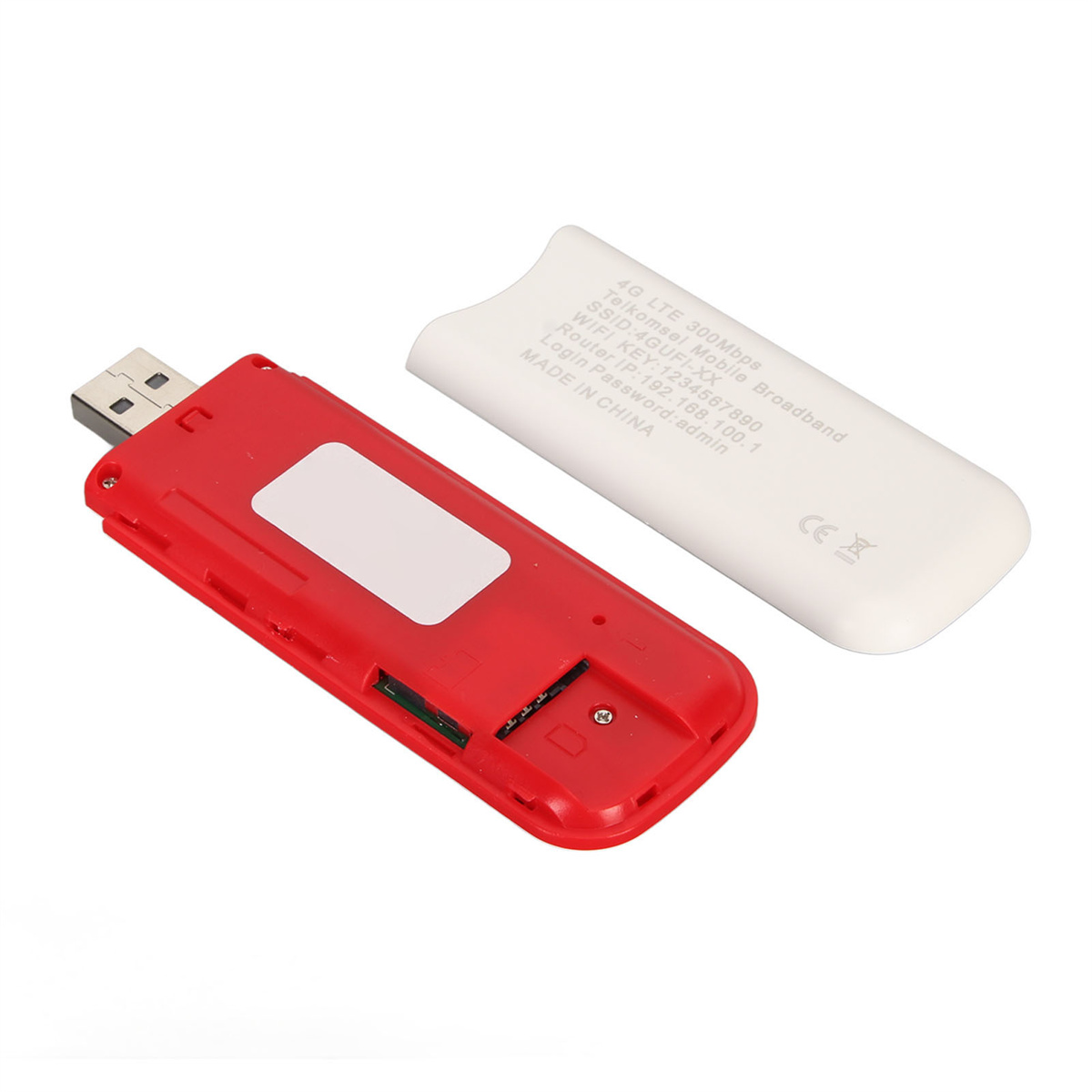 Ein rotes und weißes mobiles Breitbandgerät mit offenem Deckel. Das Gerät steht auf weißem Untergrund.