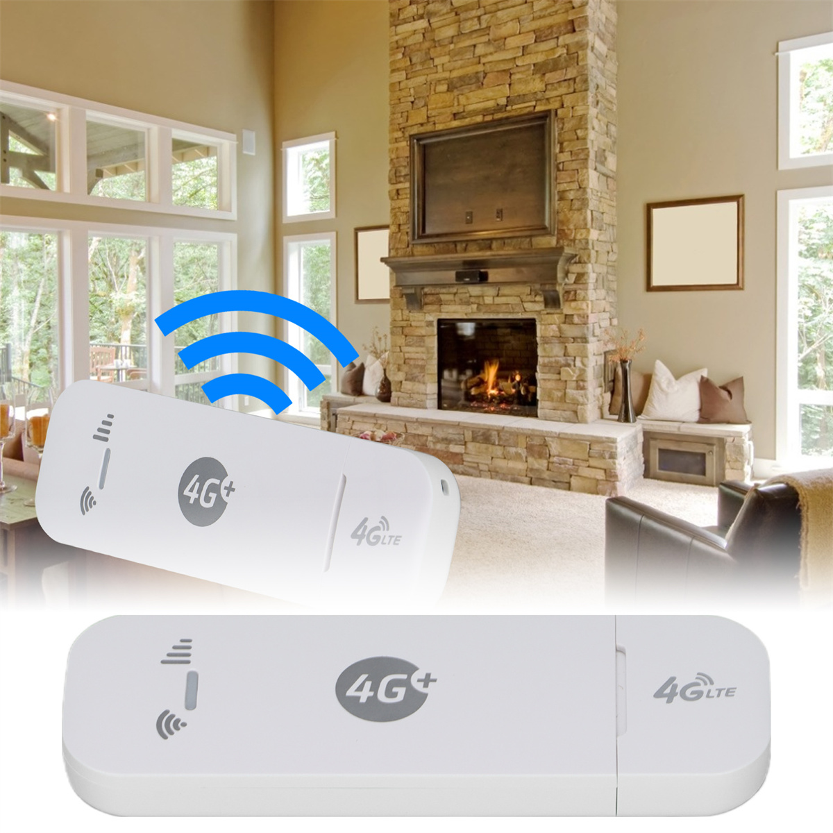 Ein weißer 4G+ LTE-Router mit blauem WLAN-Signal, das von ihm ausgeht.