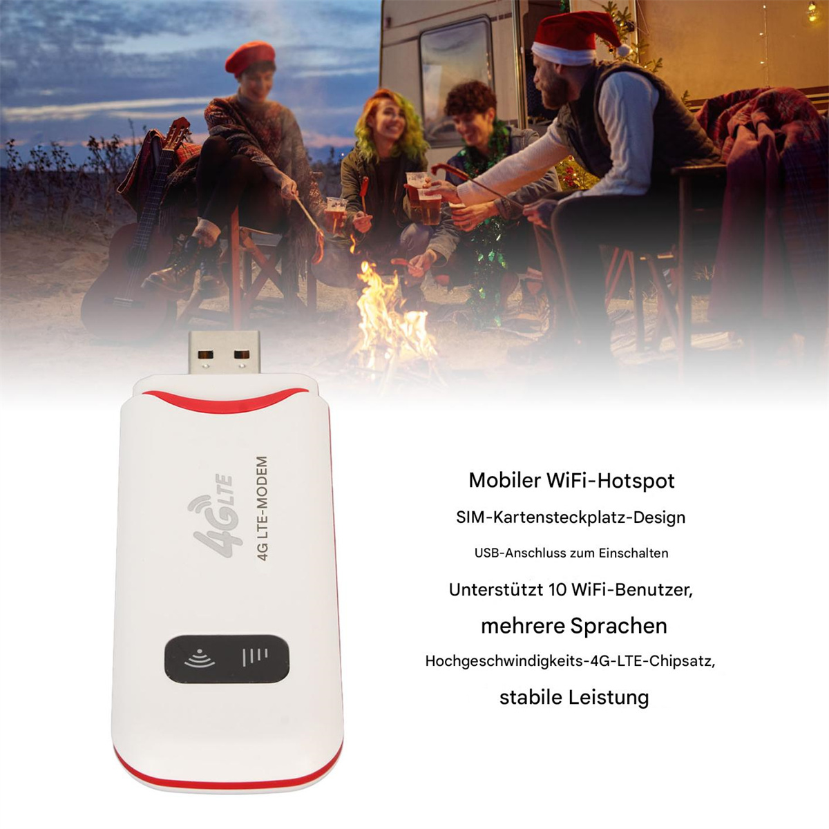 Weißes und rotes 4G LTE Modem mit Text und Personen am Lagerfeuer im Hintergrund.