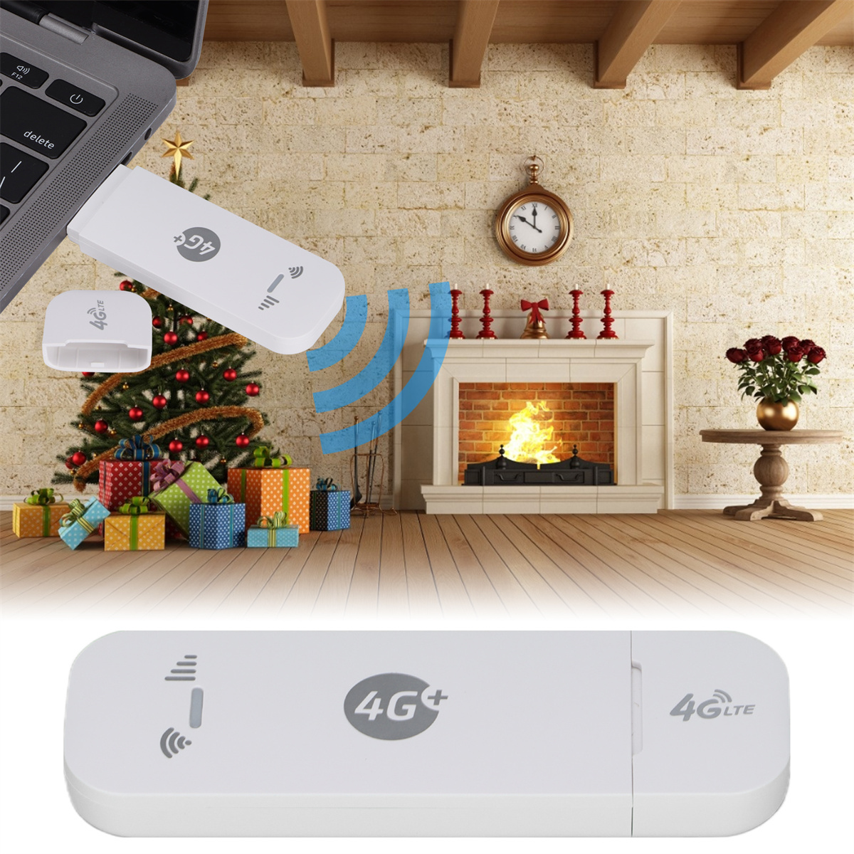 Ein weißes 4G+-Modem und ein Laptop mit Weihnachtsbaum und Kamin im Hintergrund.