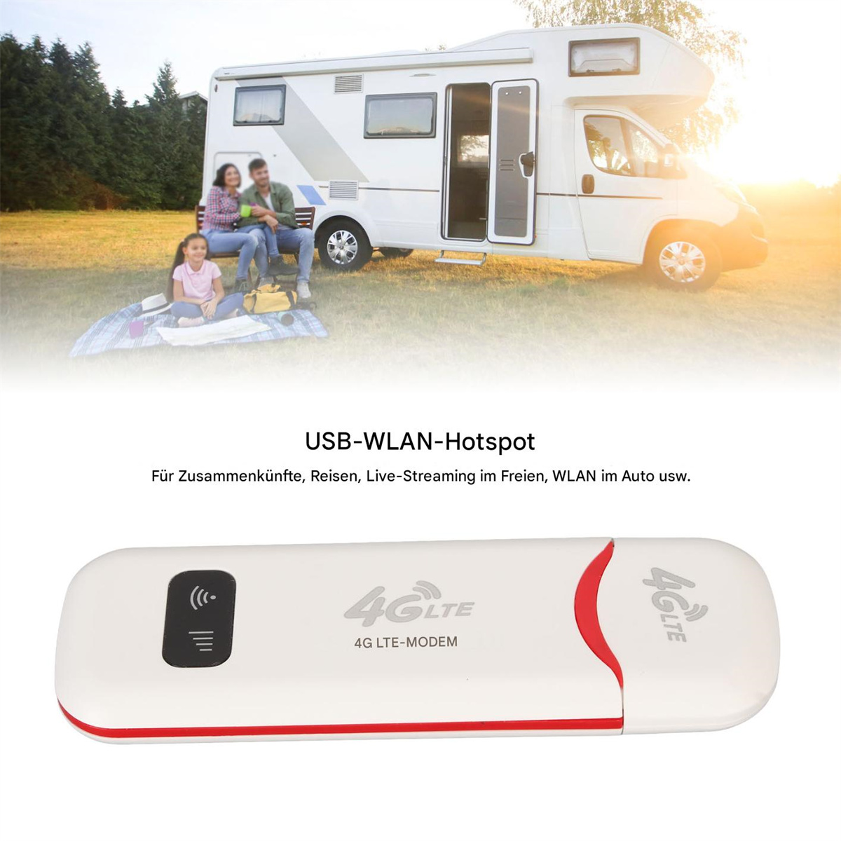 Weißes 4G LTE-Modem mit Text. Text: USB-WLAN-Hotspot. Menschen und Wohnwagen im Hintergrund.