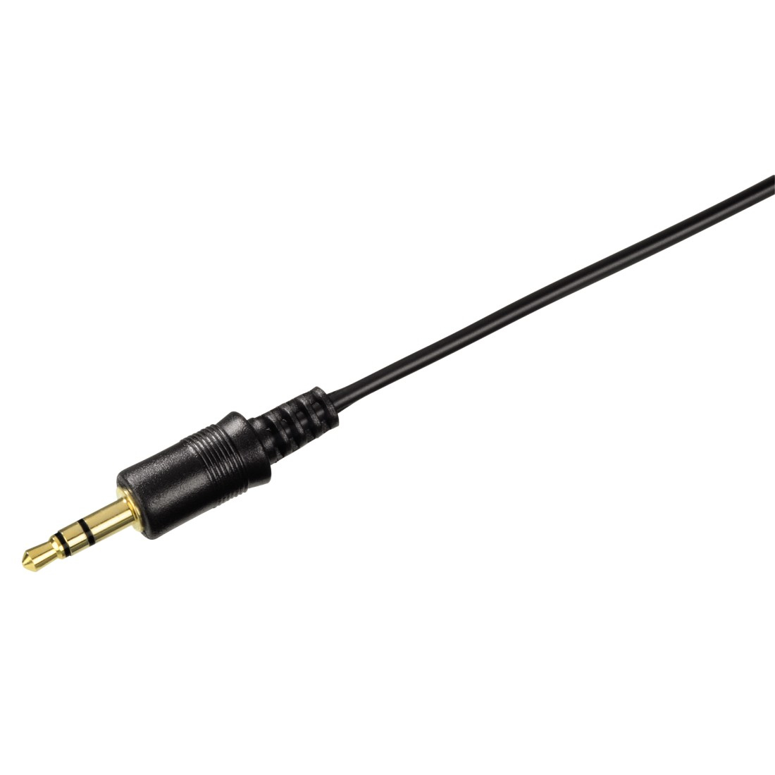 Czarny kabel audio ze pozłacanym wtykiem jack 3,5 mm na jednym końcu.