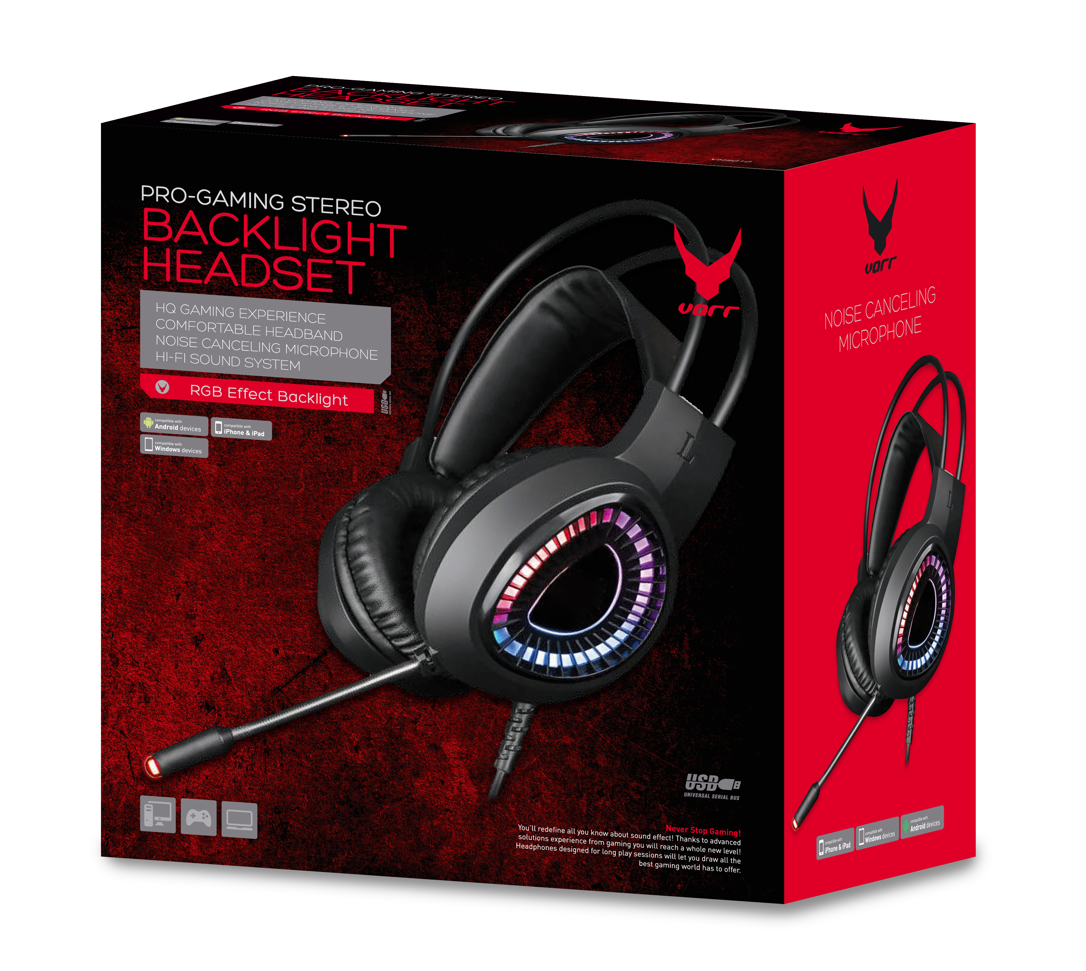 Un casque stéréo de jeu professionnel est présenté dans une boîte, avec un microphone et un effet RVB.