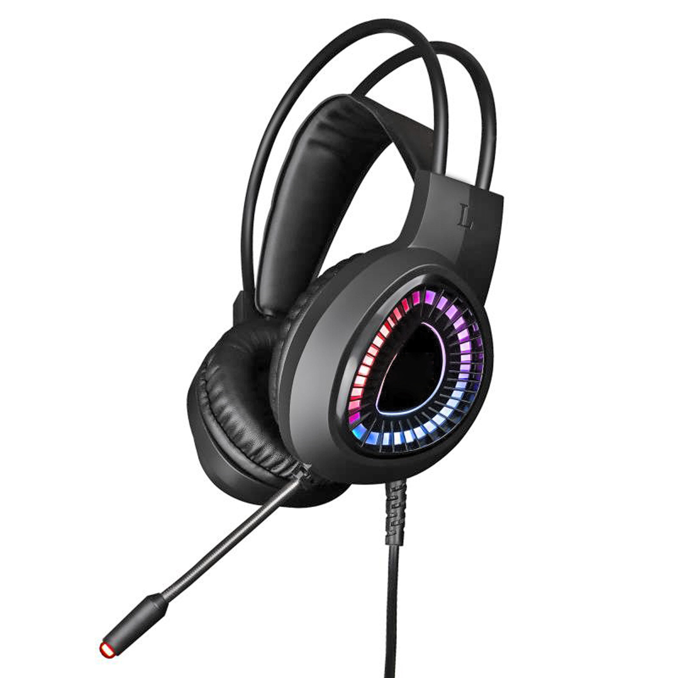 Casque de jeu noir avec un microphone et des lumières LED colorées autour des oreillettes.