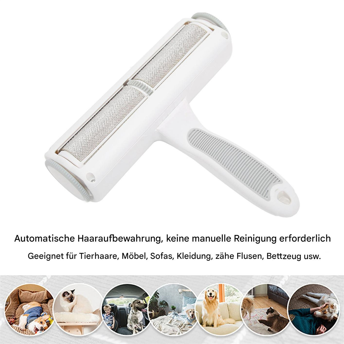 Weißer Tierhaar-Entfernerroller mit grauem Griff und Rolle, und eine Grafik von Haustieren.