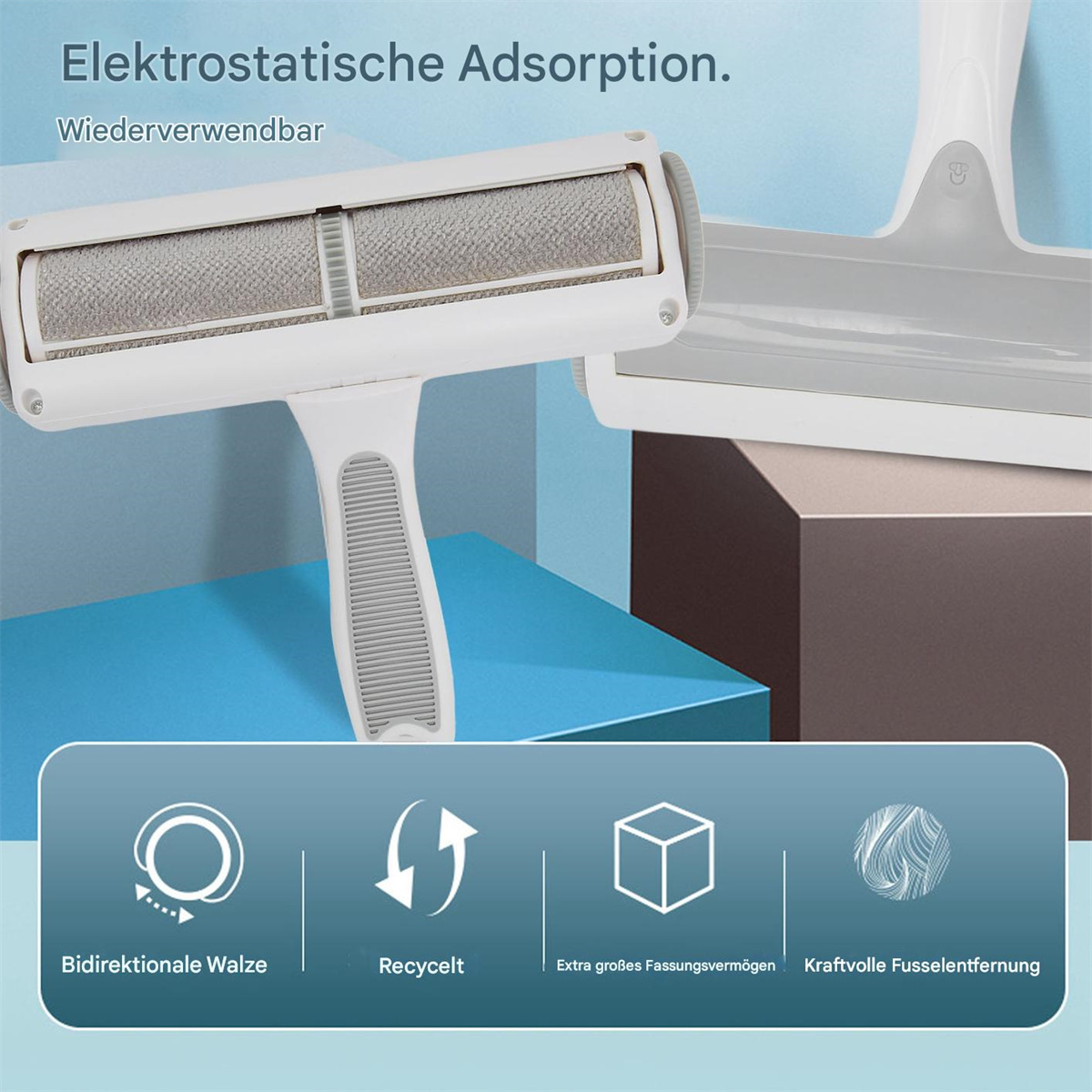 Weiß-graue Fusselrolle mit Text und Symbolen auf blauer Oberfläche.
