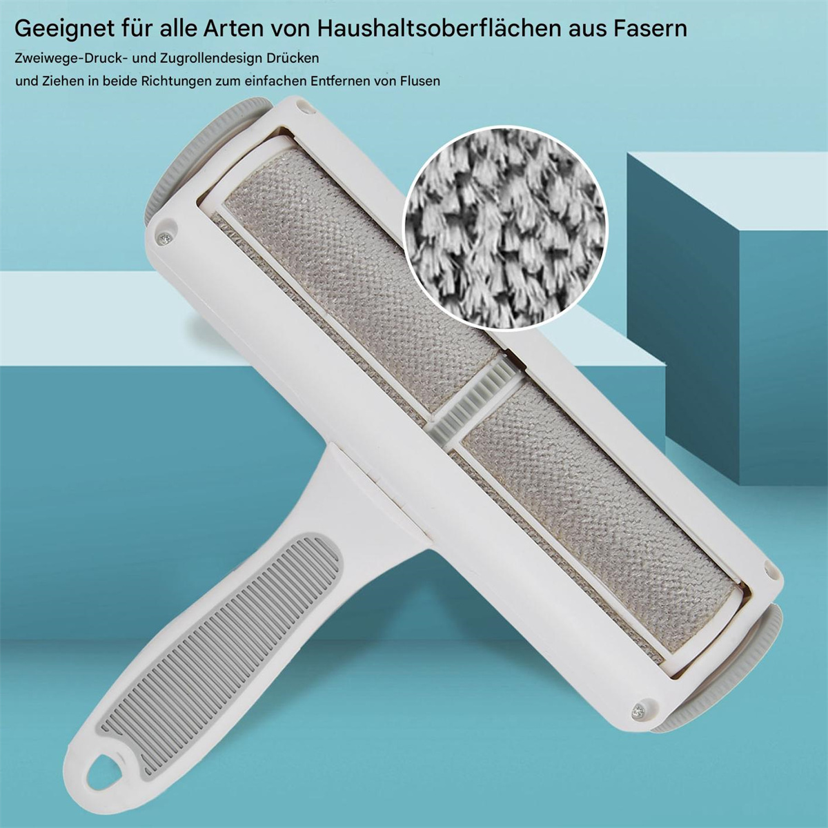 Weiß-graue Fusselroller mit Nahaufnahme der Stoffstruktur.