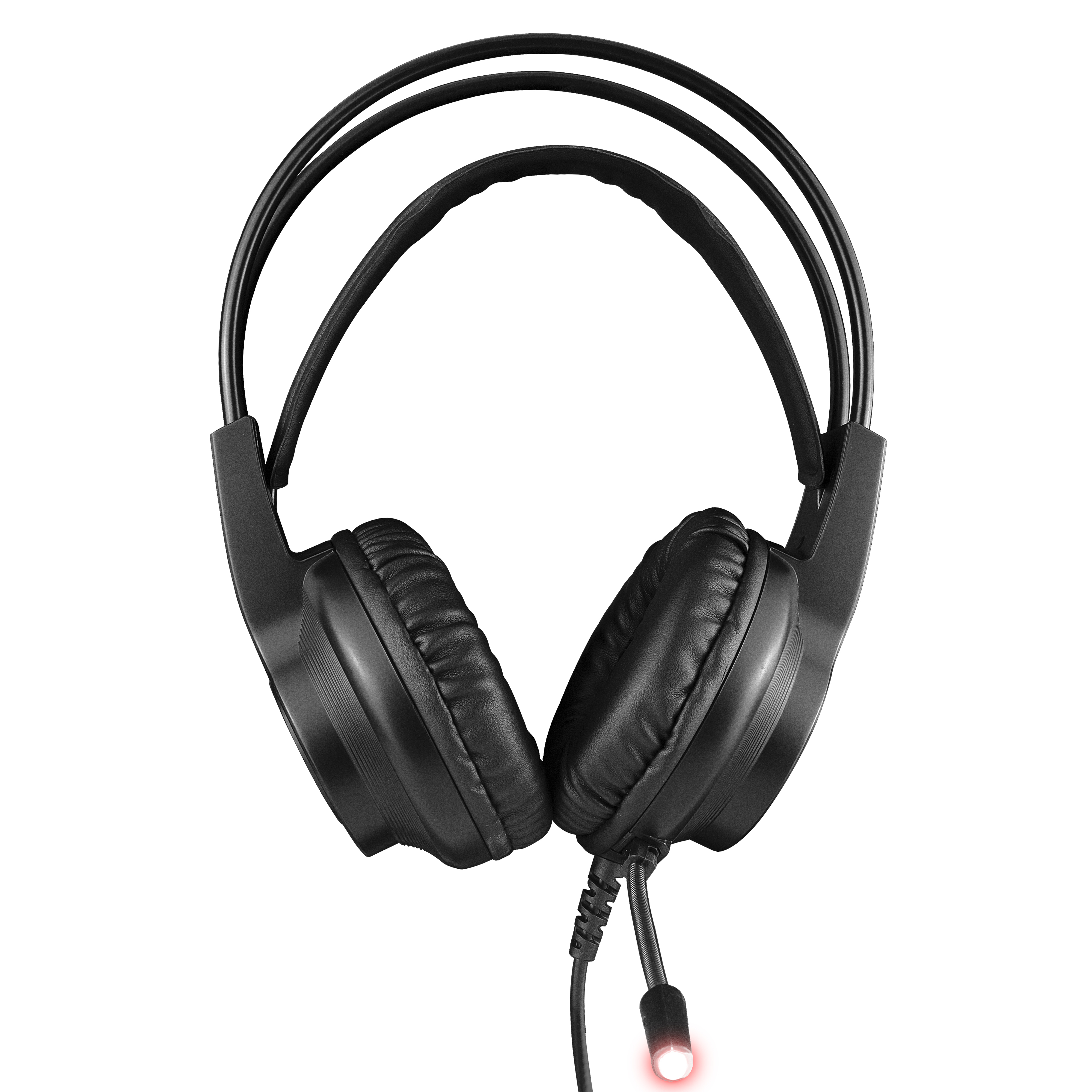 Casque de jeu noir avec un microphone, sur fond blanc.