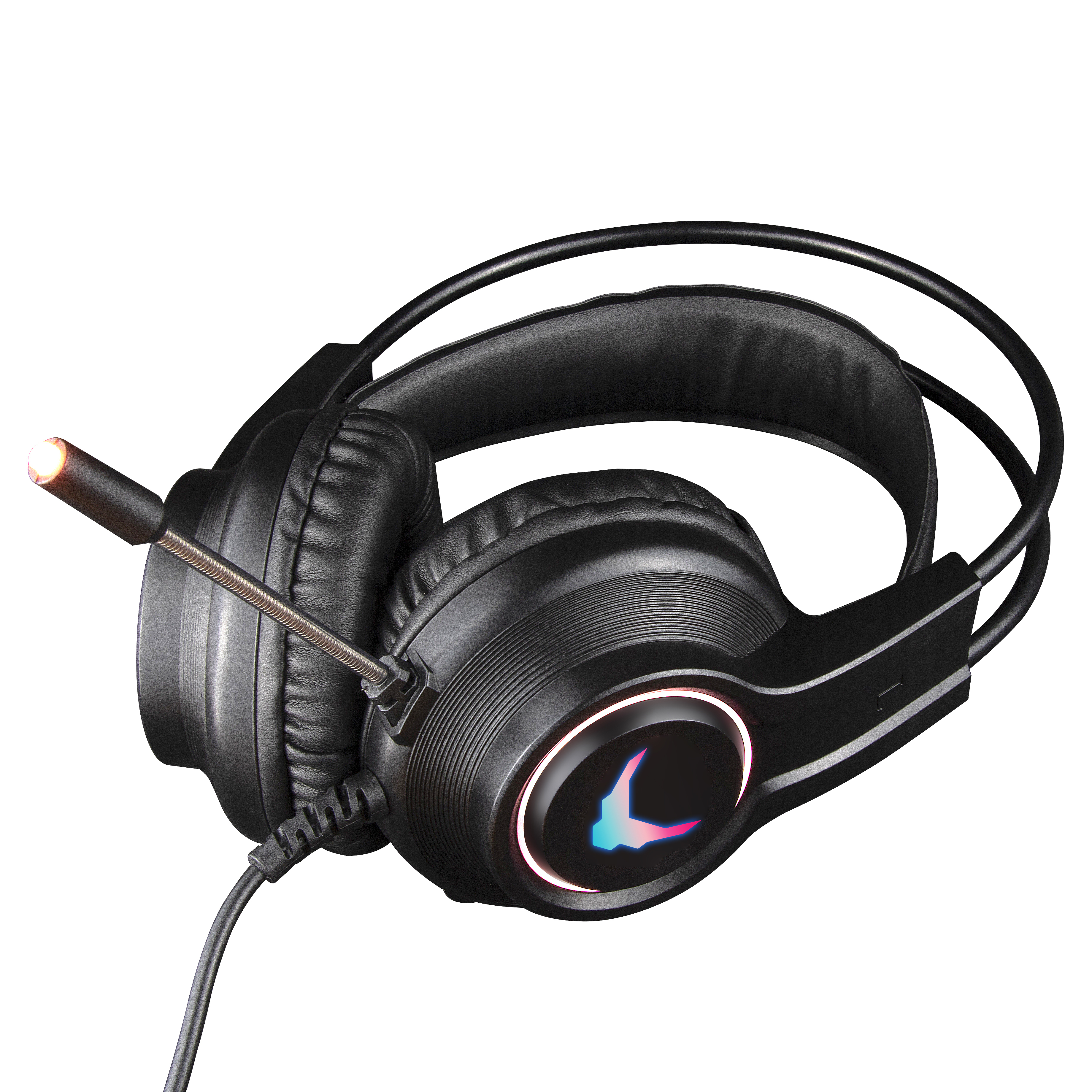 Casque gaming noir avec microphone et éclairage RGB sur fond blanc.