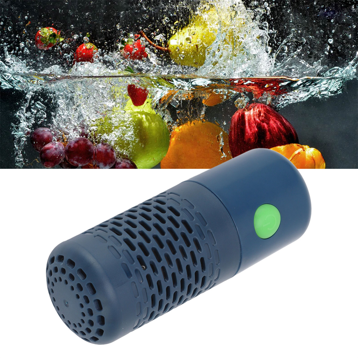 Obst und Gemüse in Wasser mit Spritzern und ein blauer Ozon-Obst- und Gemüse-Reiniger.