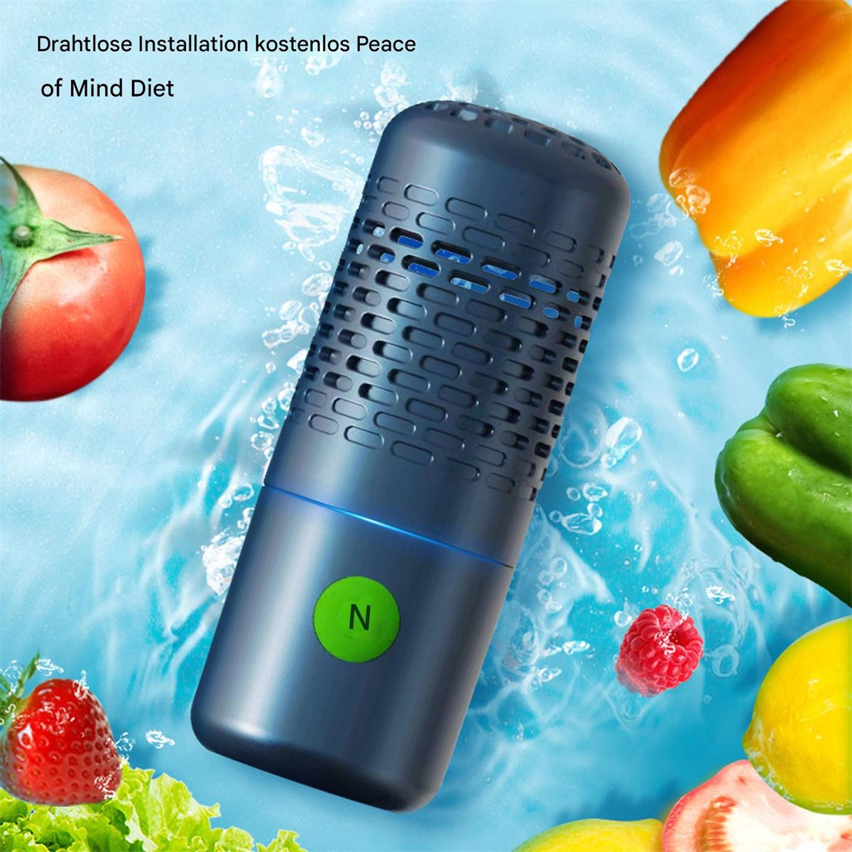 Ein Luftreiniger mit Obst und Gemüse in Wasser, Text über Mind Diet.