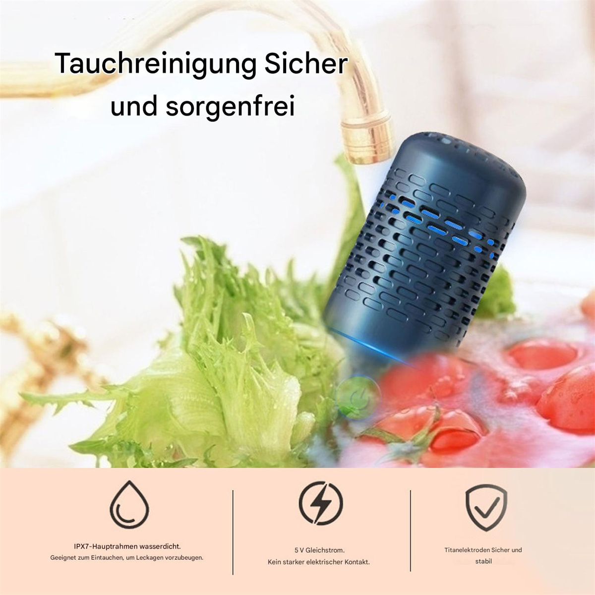 Ein blaues und schwarzes Gerät, das in Wasser getaucht ist, umgeben von Tomaten und Salat.