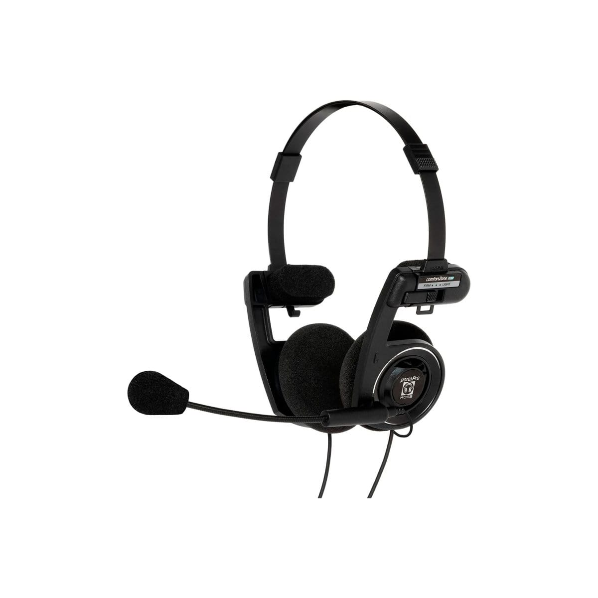 Czarny zestaw słuchawkowy z mikrofonem. Zestaw ma pałąk i nauszniki.