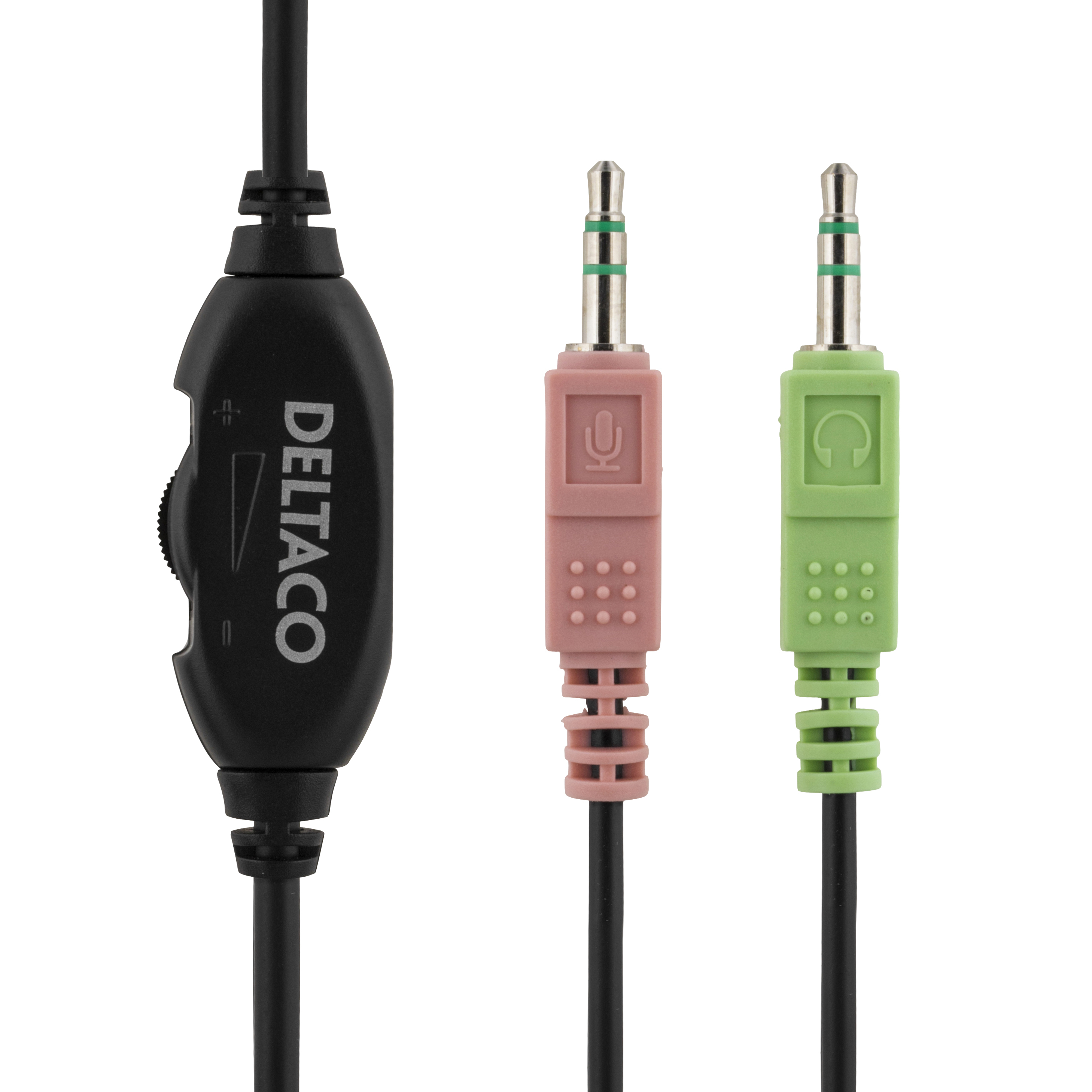 Cavo audio nero con controllo del volume e due jack colorati: rosa e verde.