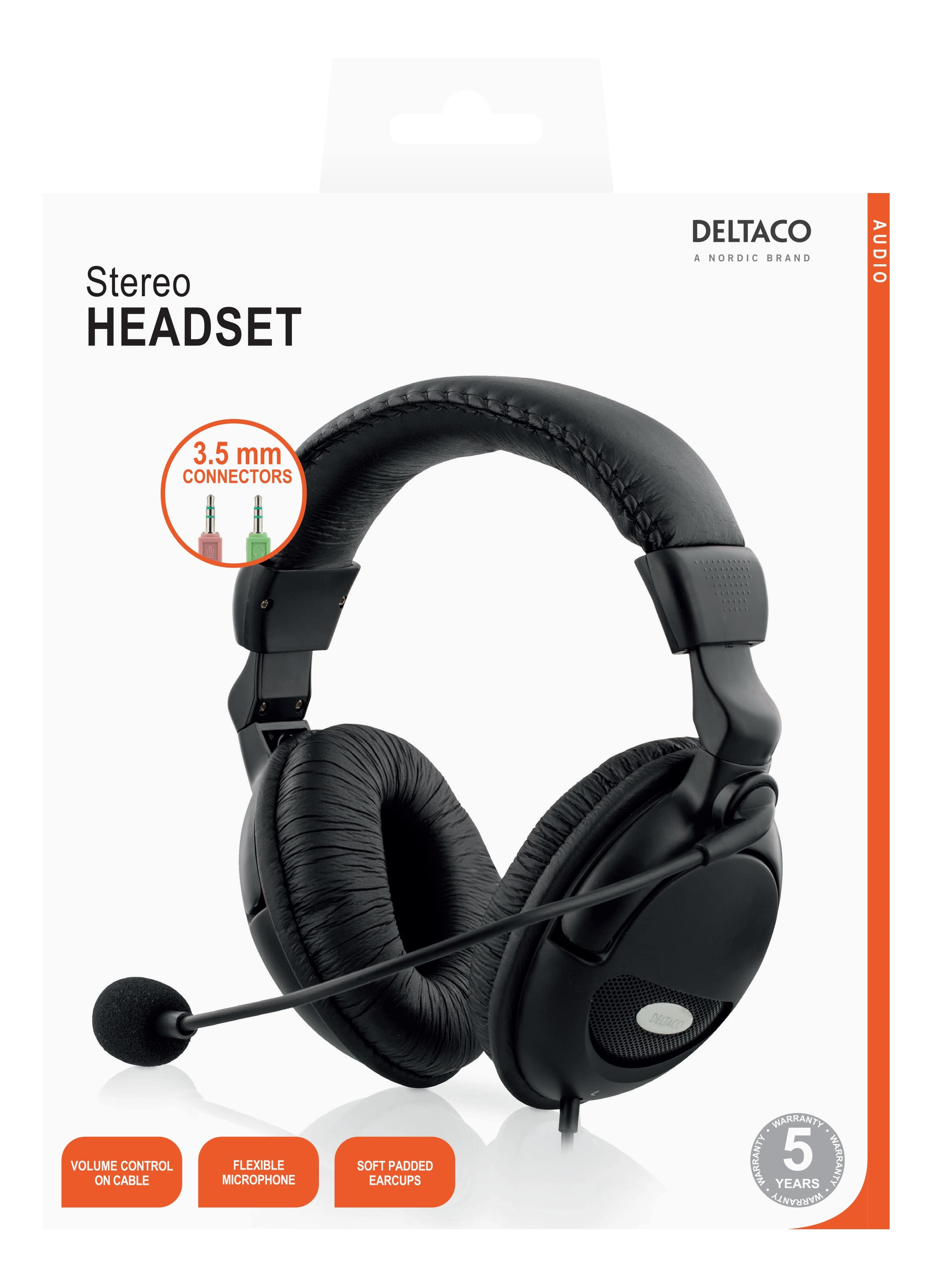 Cuffie stereo nere con microfono, in una scatola con testo e informazioni sul prodotto.