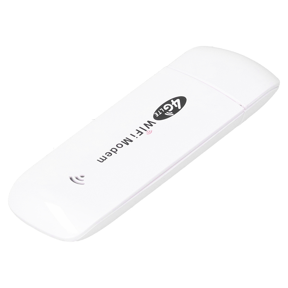 Weißes 4G-WLAN-Modem. Es hat einen USB-Anschluss, 4G- und WLAN-Logos und eine Betriebsanzeige.
