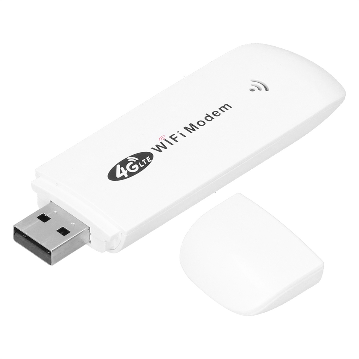 Ein weißes 4G-LTE-WLAN-Modem mit USB-Anschluss und separater, abnehmbarer Kappe. Das Gerät ist beschriftet.