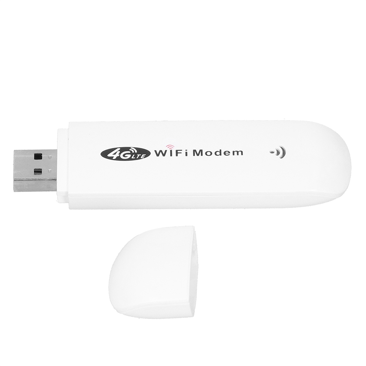 Ein weißes 4G LTE WiFi-Modem mit USB-Anschluss und abgenommener Kappe, vor weißem Hintergrund.