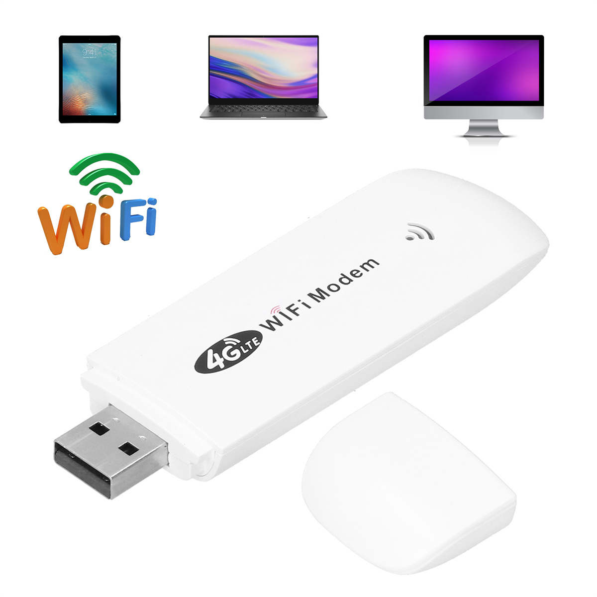 Ein weißes 4G LTE WiFi-Modem mit USB-Anschluss und Laptop, Tablet und Monitor.