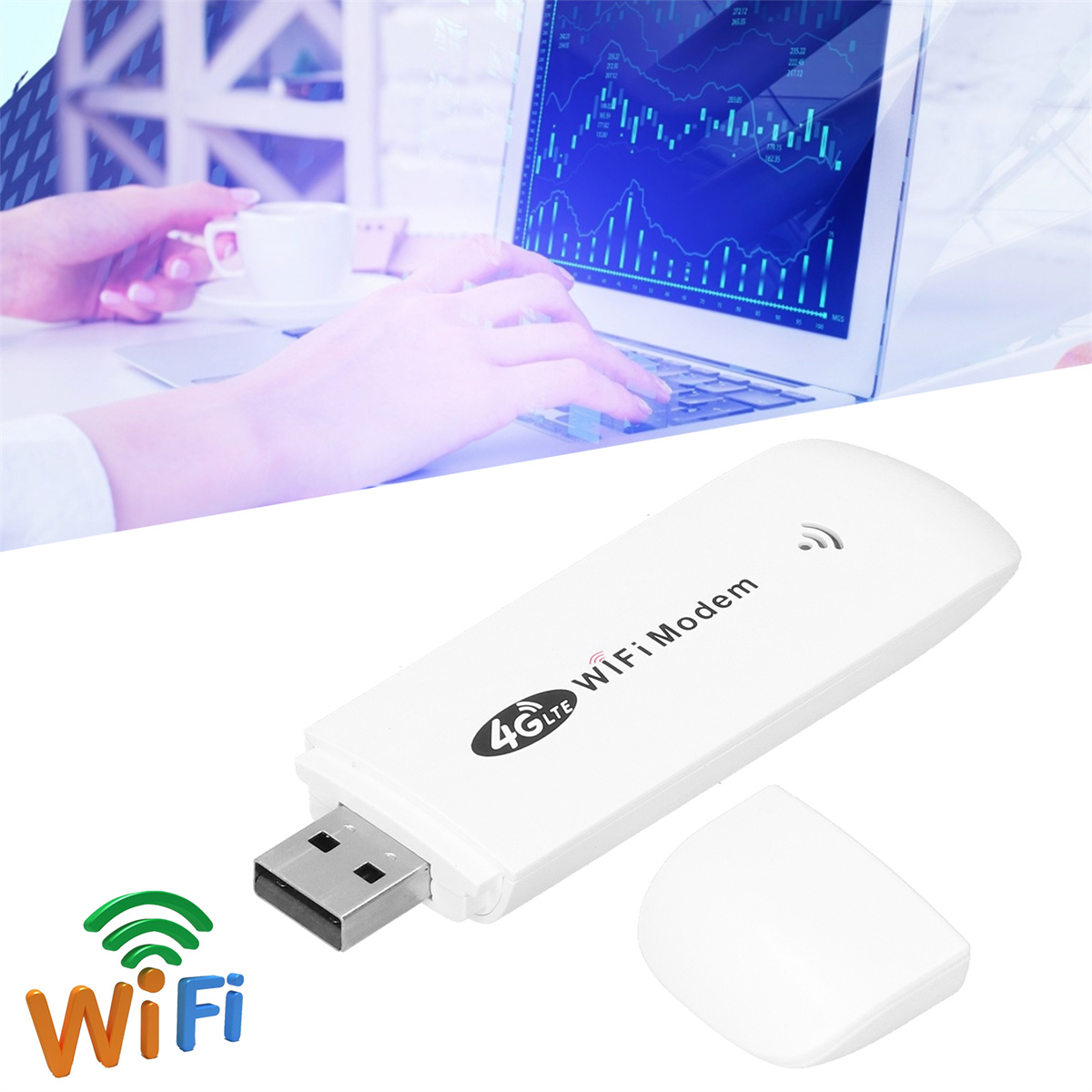 Weißes 4G-WLAN-Modem mit USB und offener Kappe. Laptop mit Diagramm im Hintergrund, WLAN-Logo.