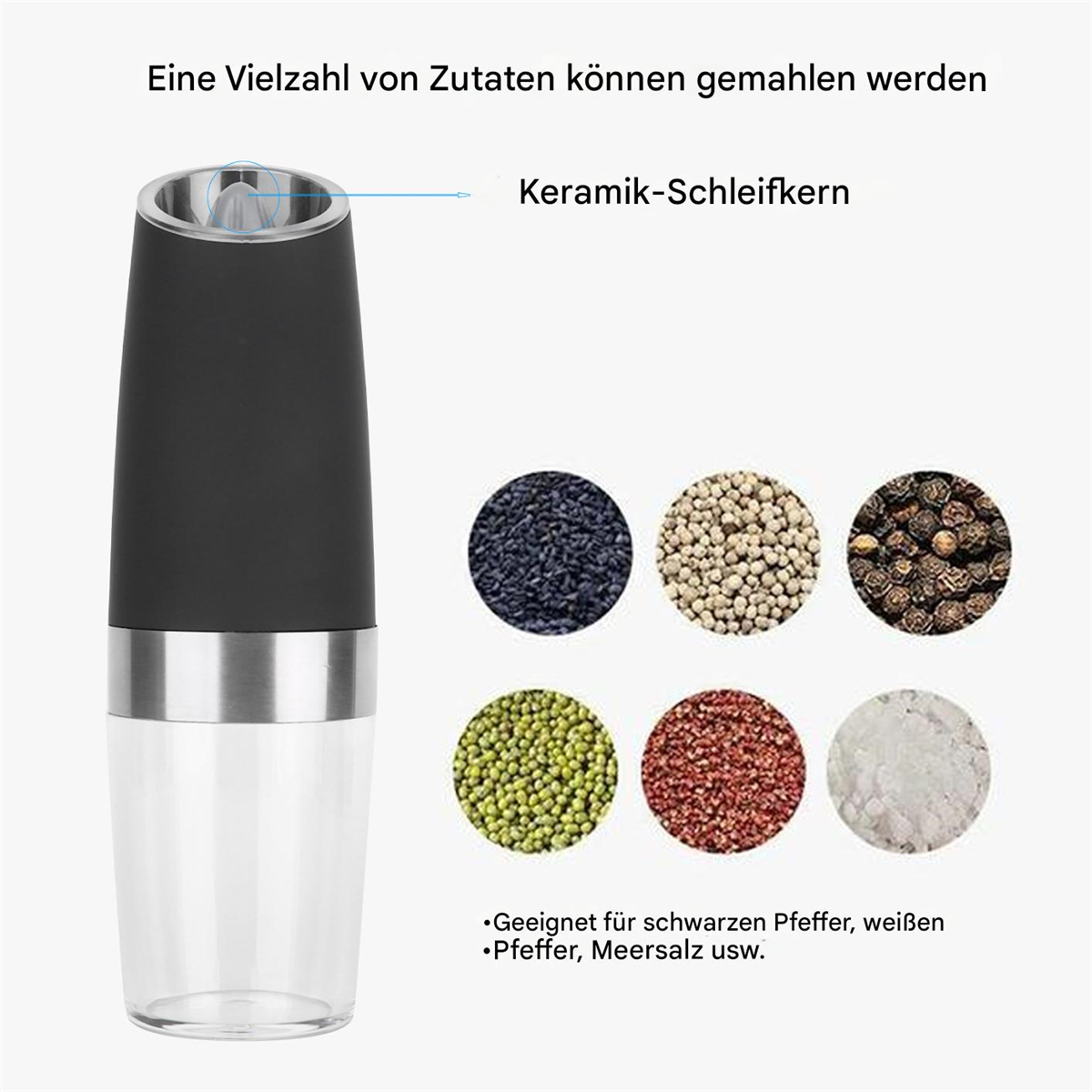 Ein schwarzer und klarer Pfeffermühle mit verschiedenen Gewürzen auf der Seite, auf weißem Untergrund.