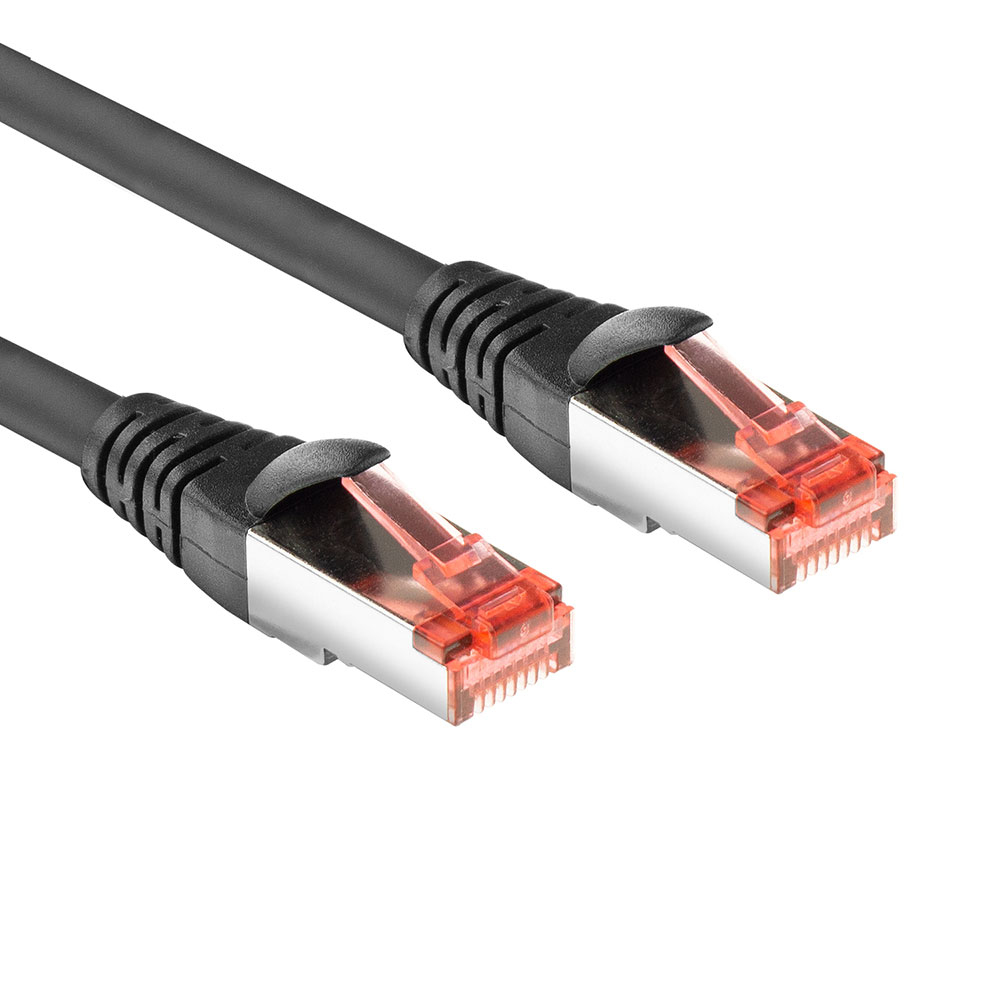 Câble ethernet noir avec connecteurs rouges.
