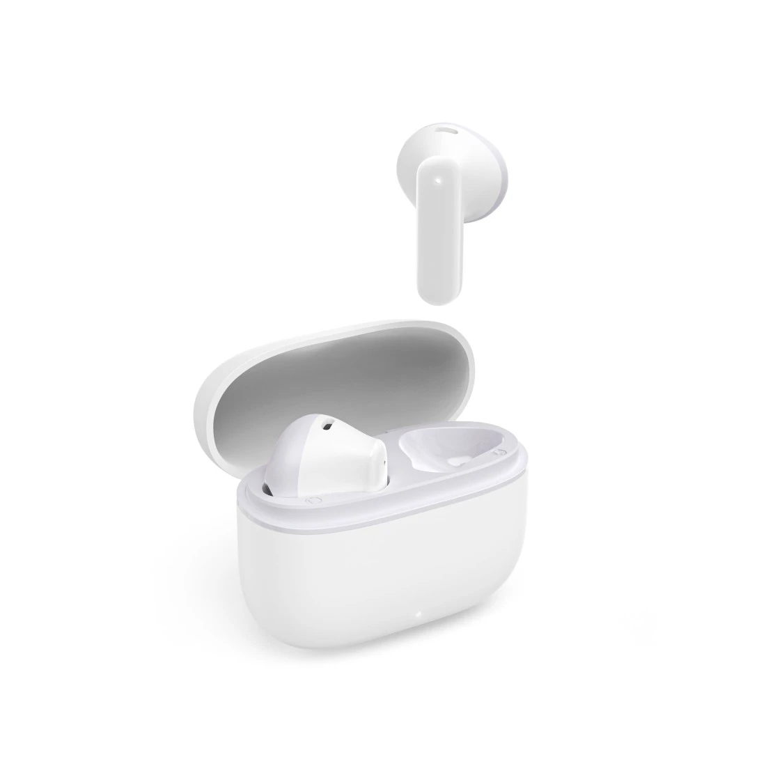 Białe bezprzewodowe słuchawki i białe etui ładujące. Jedna słuchawka jest nad otwartym etui.
