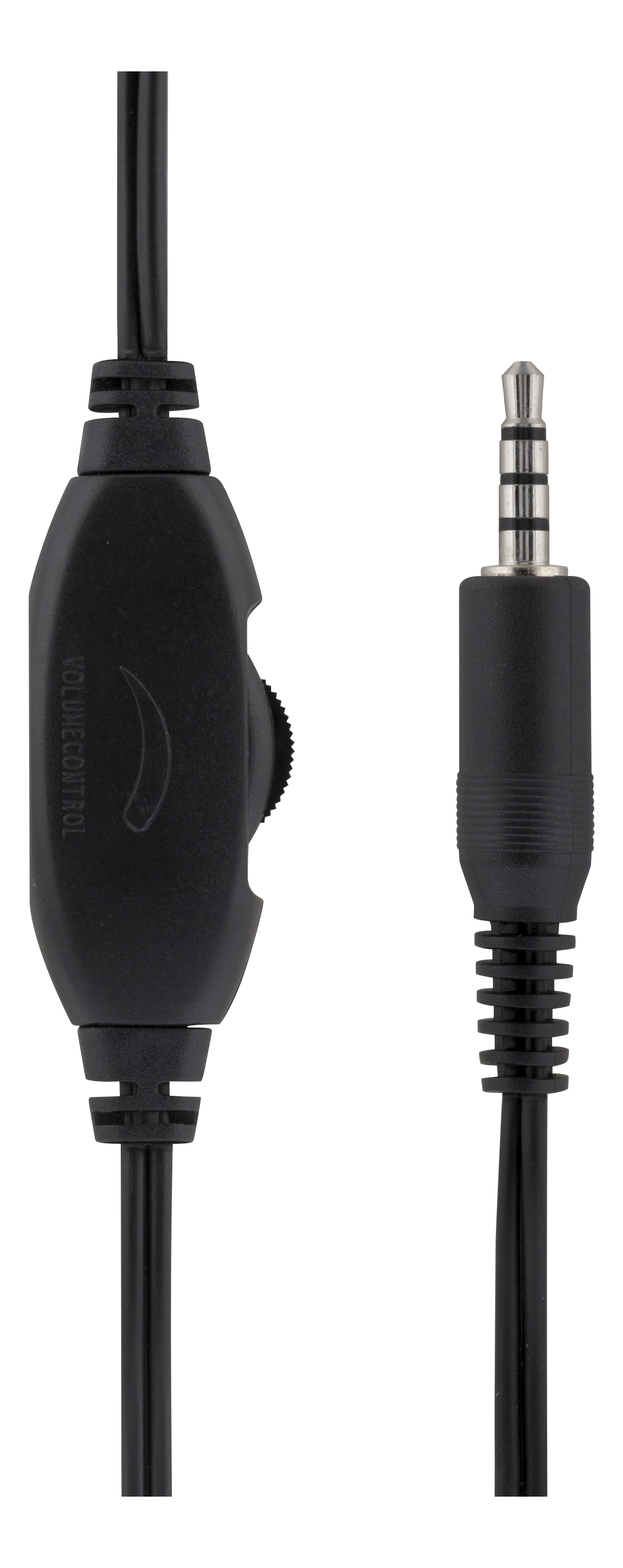 Cavo audio nero con controllo del volume e connettore da 3,5 mm.
