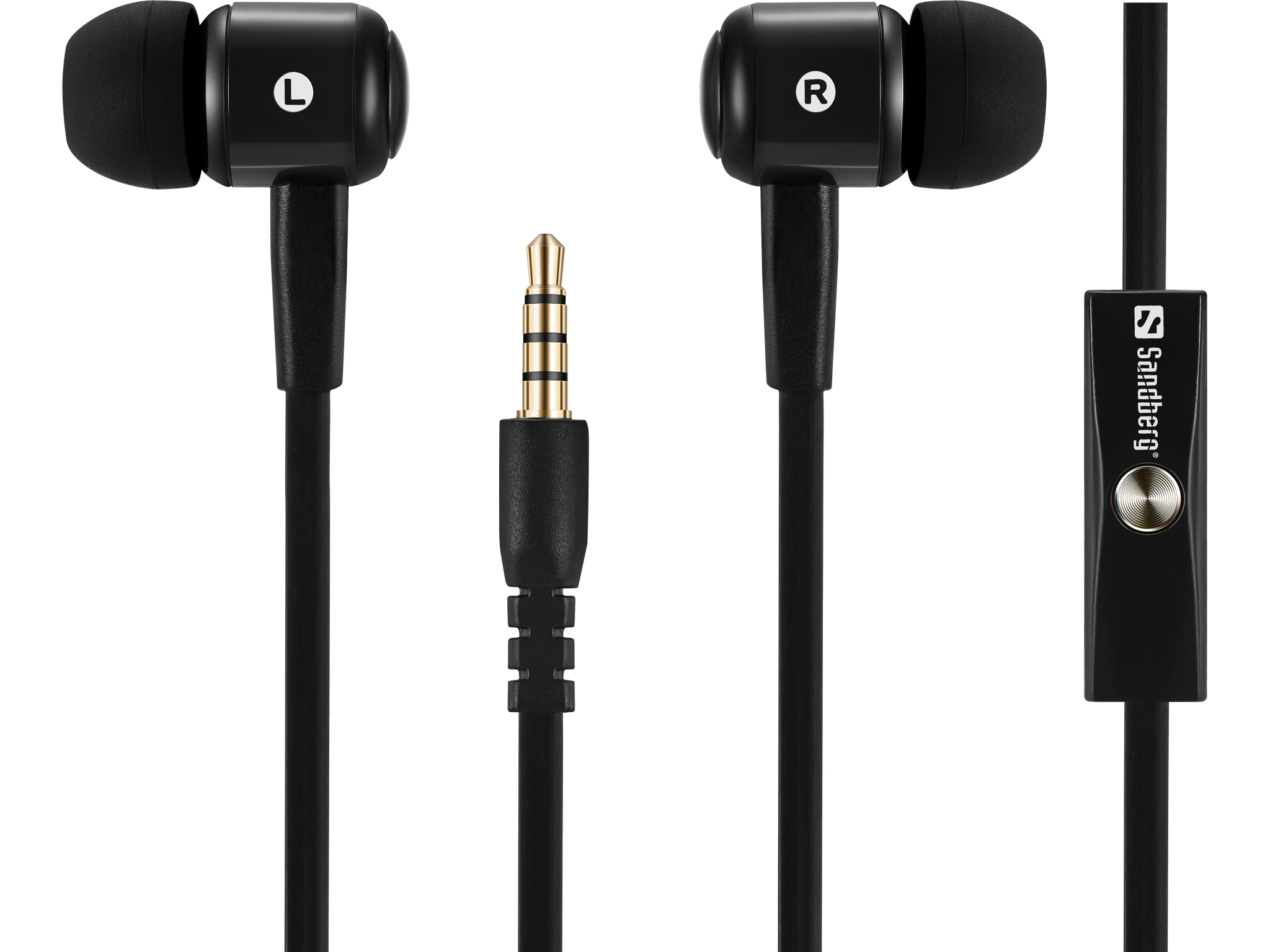 Auricolari neri con connettore dorato e un modulo di controllo con un pulsante.