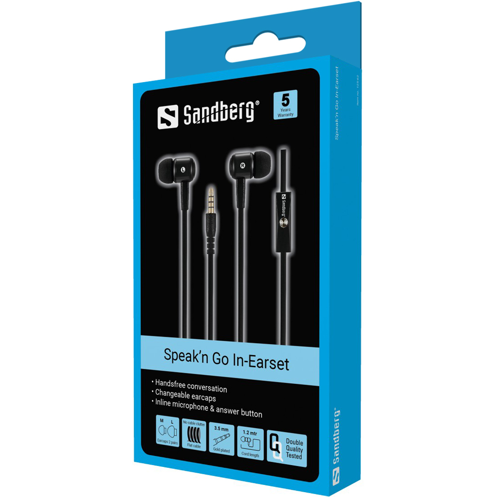 Scatola per auricolari, blu e bianca, con auricolari e cavo visibili. Testo: 'Speak'n Go In-Earset'.