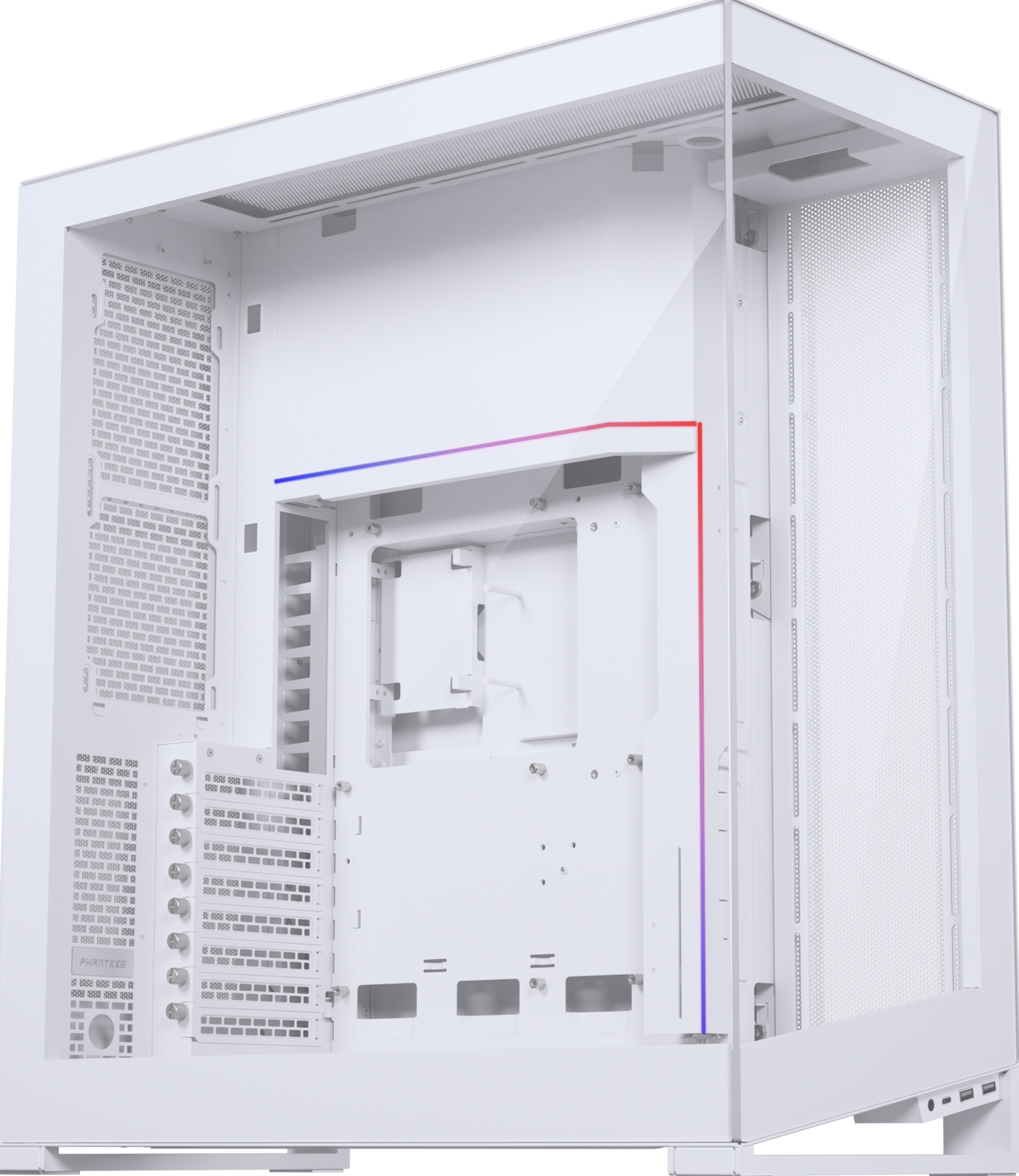 Case PC bianco con pannello laterale trasparente e luci. Sfondo bianco.