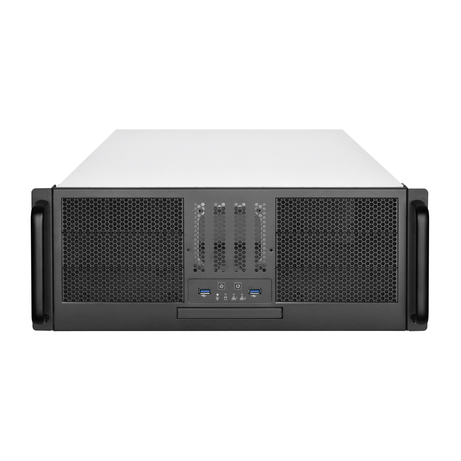 Case server per computer bianco e nero con maniglie. Ha prese d'aria e porte.