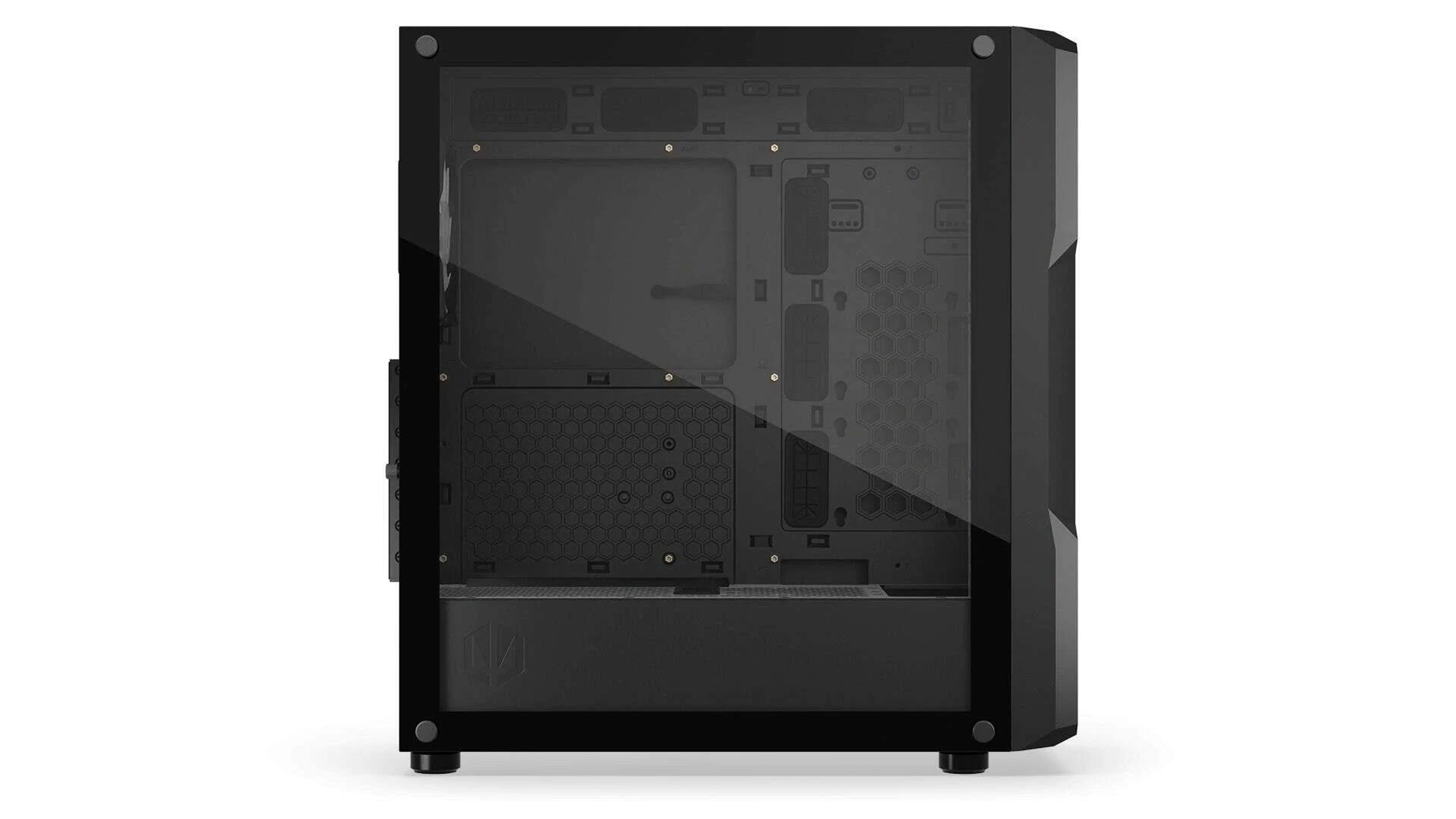 Czarna obudowa komputera z pionowymi liniami, szklanym panelem i widocznym wentylatorem.