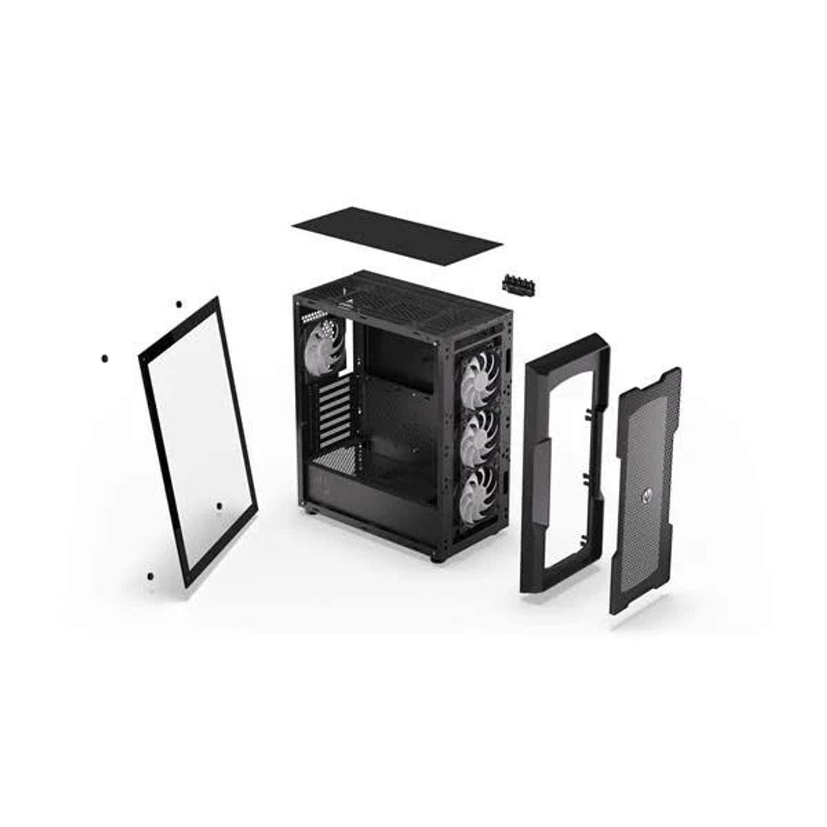 Widok rozstrzelony czarnej obudowy komputera. Części: panel boczny, wentylatory, rama.