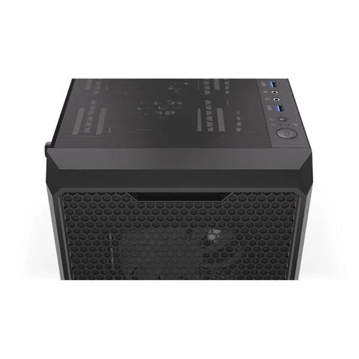 Czarna obudowa komputera, widok z góry, pokazujący górę z siatką i przyciskiem zasilania.