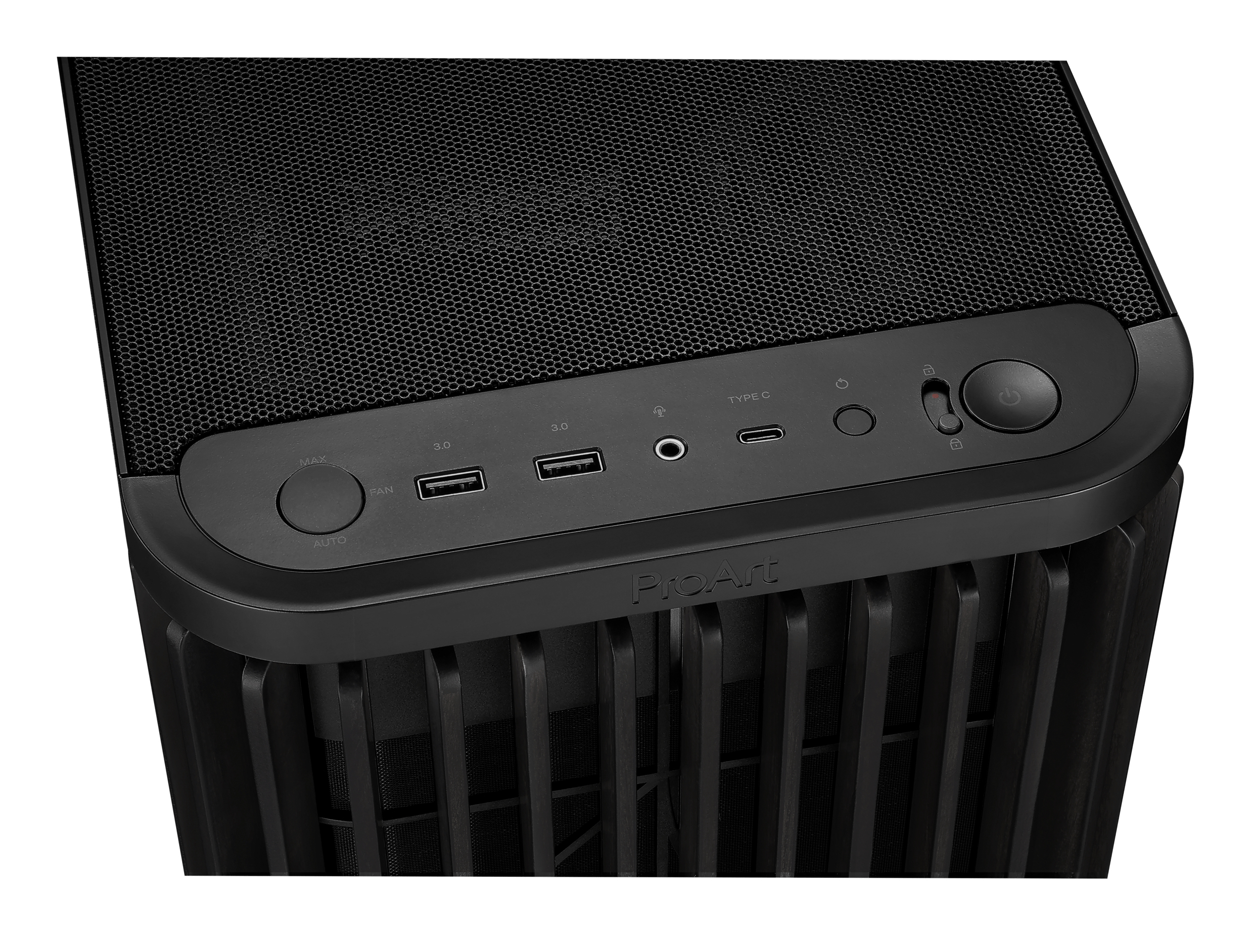 Czarny panel górny obudowy komputera z przyciskami, portami i logo 'ProArt'.