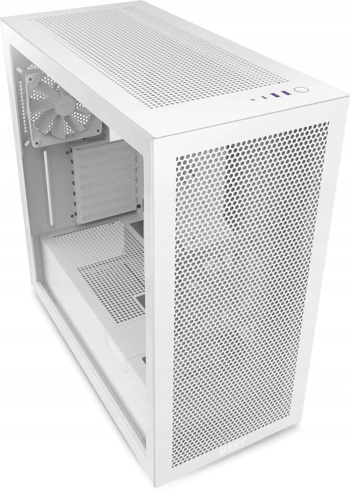 Case PC bianco con pannello frontale e superiore perforati. Interno visibile.