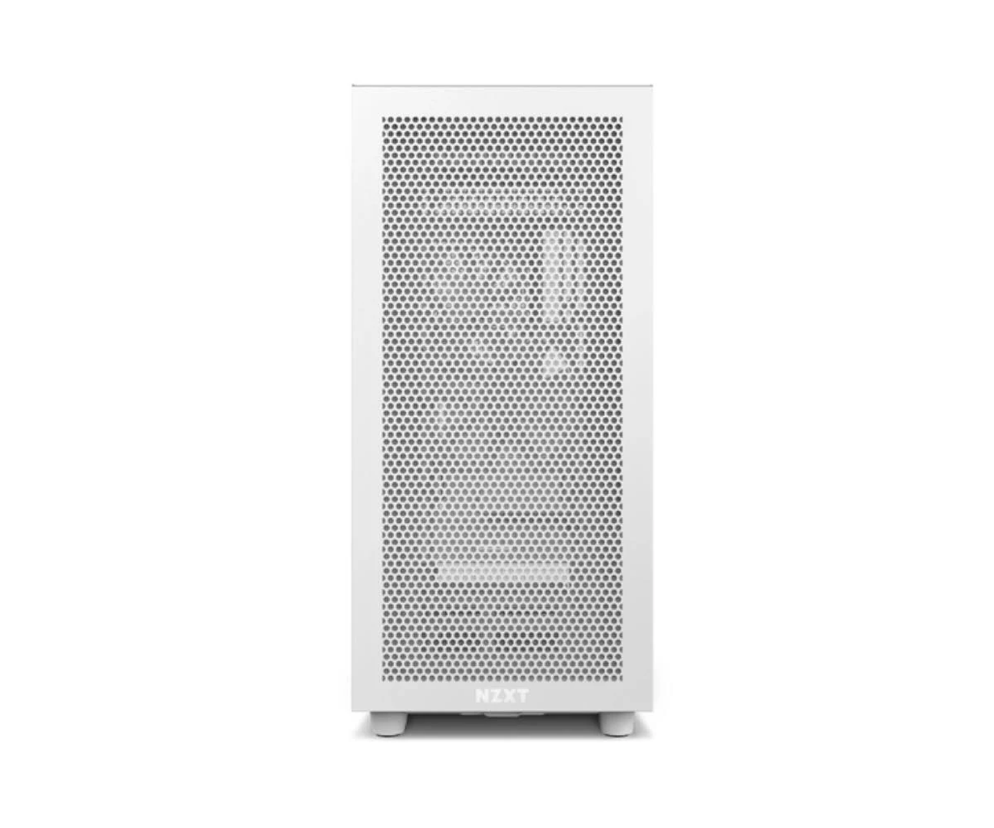 Un case per computer bianco con un pannello frontale a rete e uno sfondo bianco.