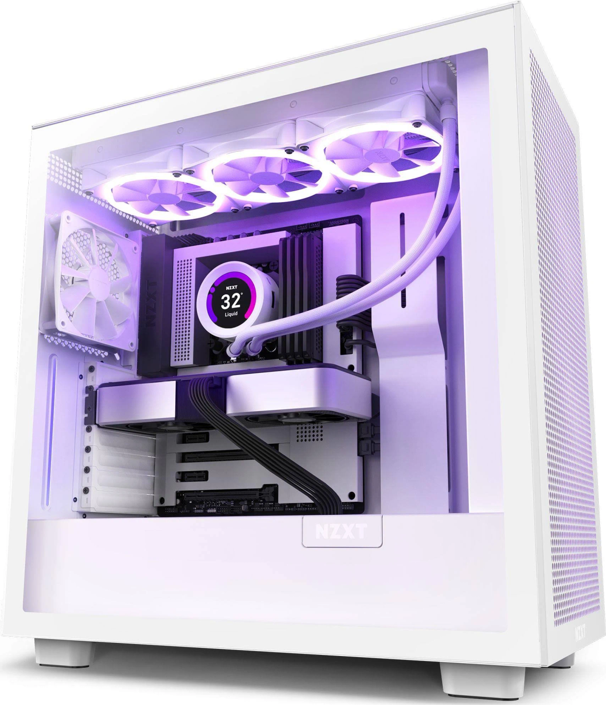 Case PC bianco con componenti interni visibili. Include ventole, dissipatore e GPU.
