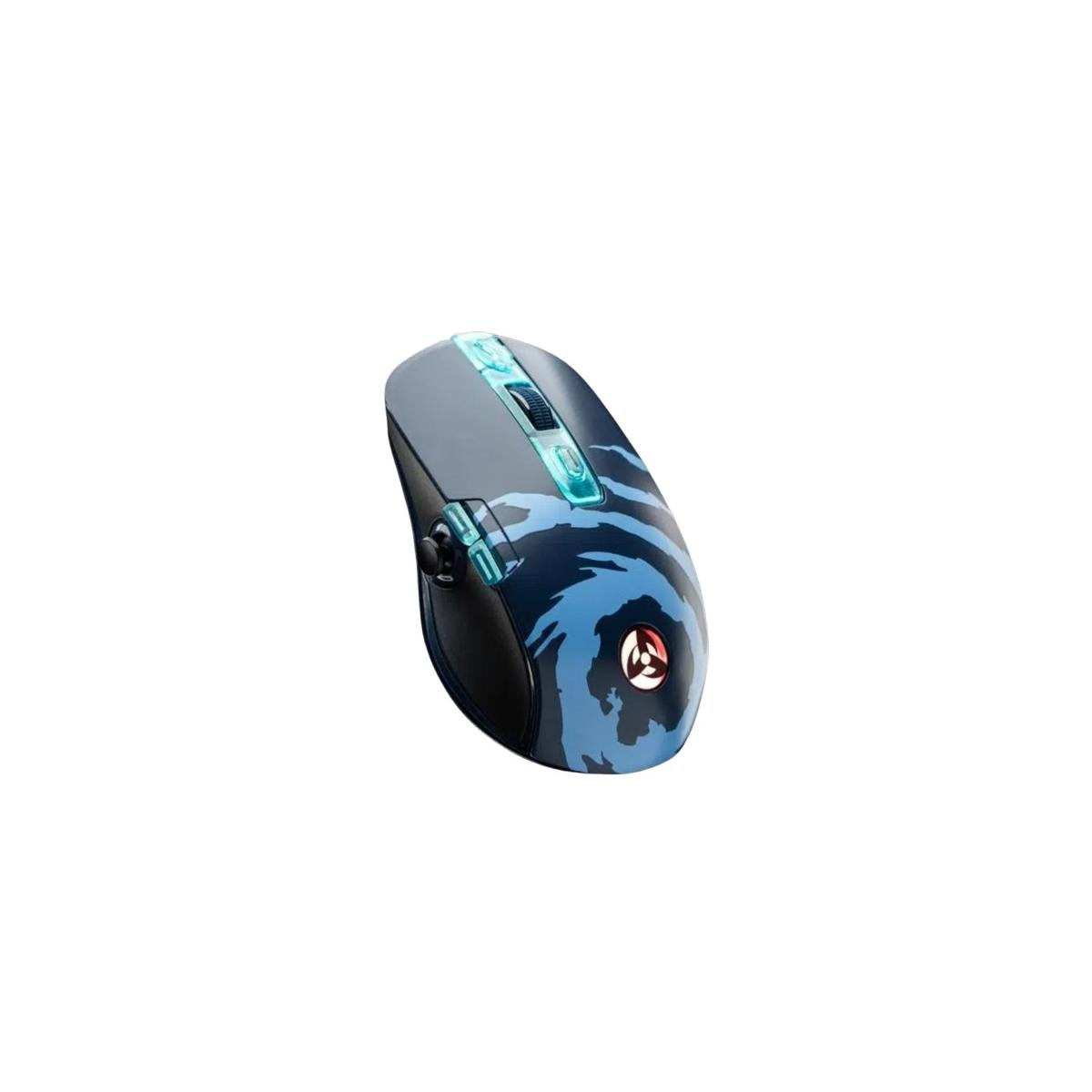 Zwarte en blauwe gamingmuis met verlicht scrollwiel en logo, witte achtergrond.