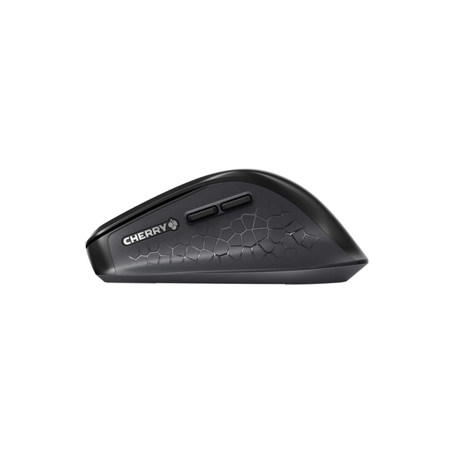 Souris sans fil noire avec logo Cherry. Design ergonomique, motif en nid d'abeille.