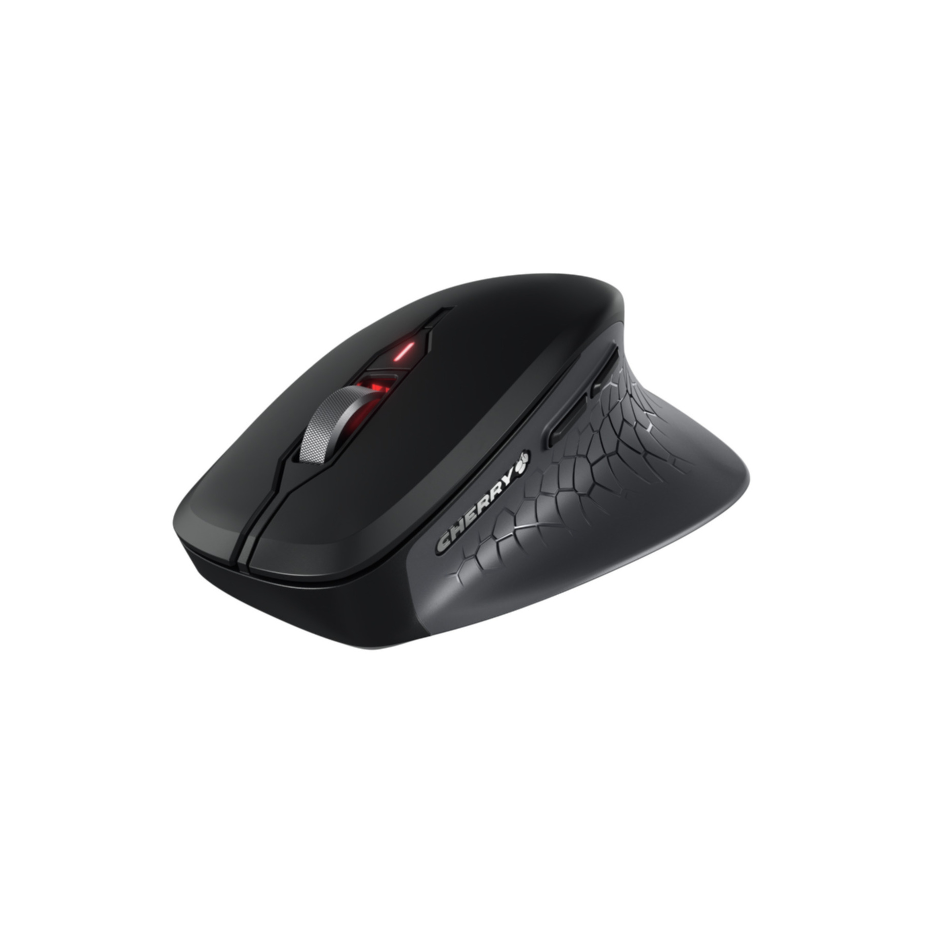 Souris Cherry ergonomique noire. Lumière rouge dessus. Design angulaire. Fond blanc.