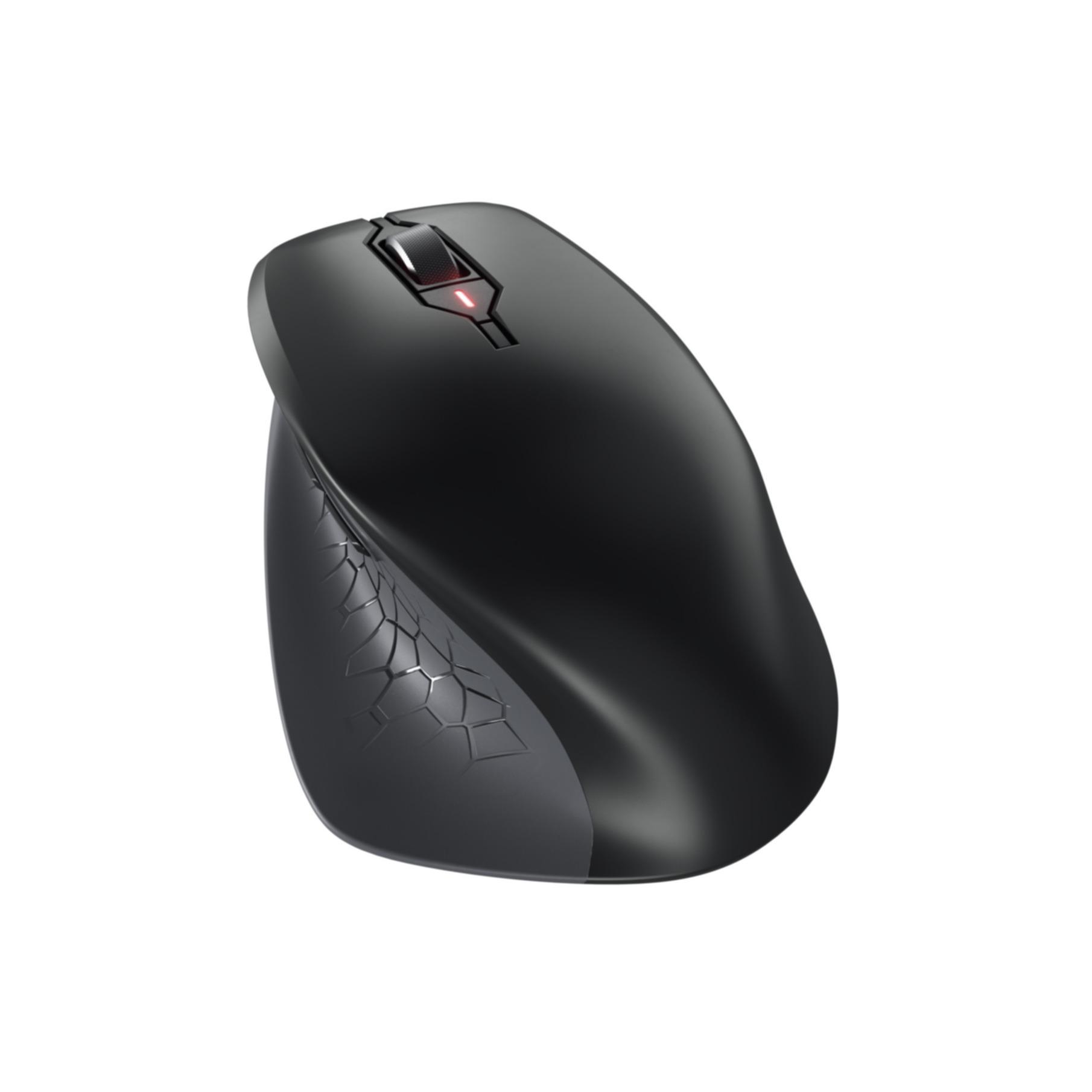 Une souris d'ordinateur ergonomique noire avec un côté texturé.