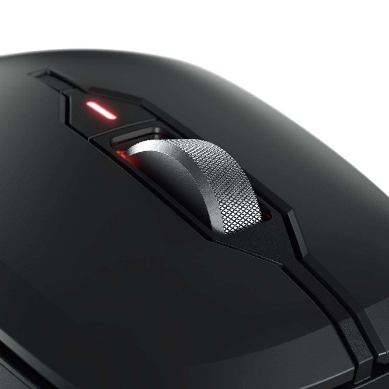 Souris d'ordinateur noire, gros plan. Molette argentée et lumière rouge visibles sur le dessus.