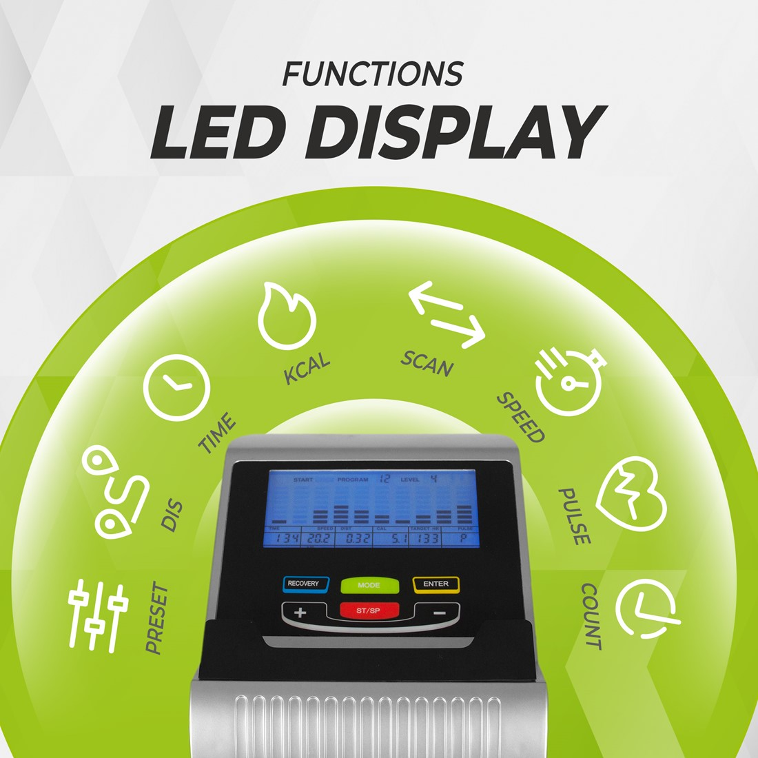 Nahaufnahme des LED-Displays eines Trainingsgeräts, das verschiedene Funktionen und ein Bedienfeld zeigt.