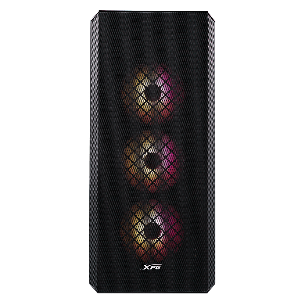 Zwarte computerkast met mesh voorkant en drie verlichte ventilatoren. XPG logo.