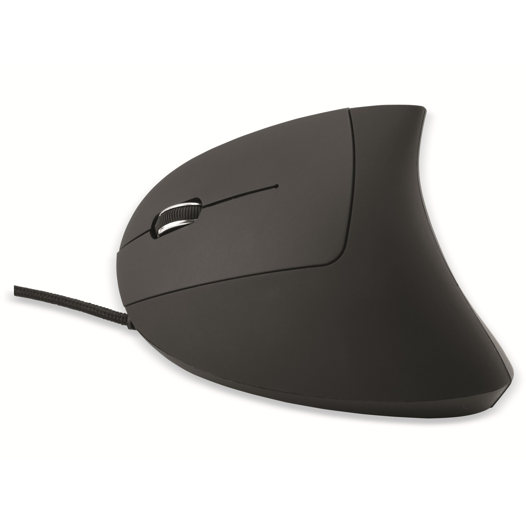 Czarna ergonomiczna mysz z kółkiem przewijania. Białe tło.