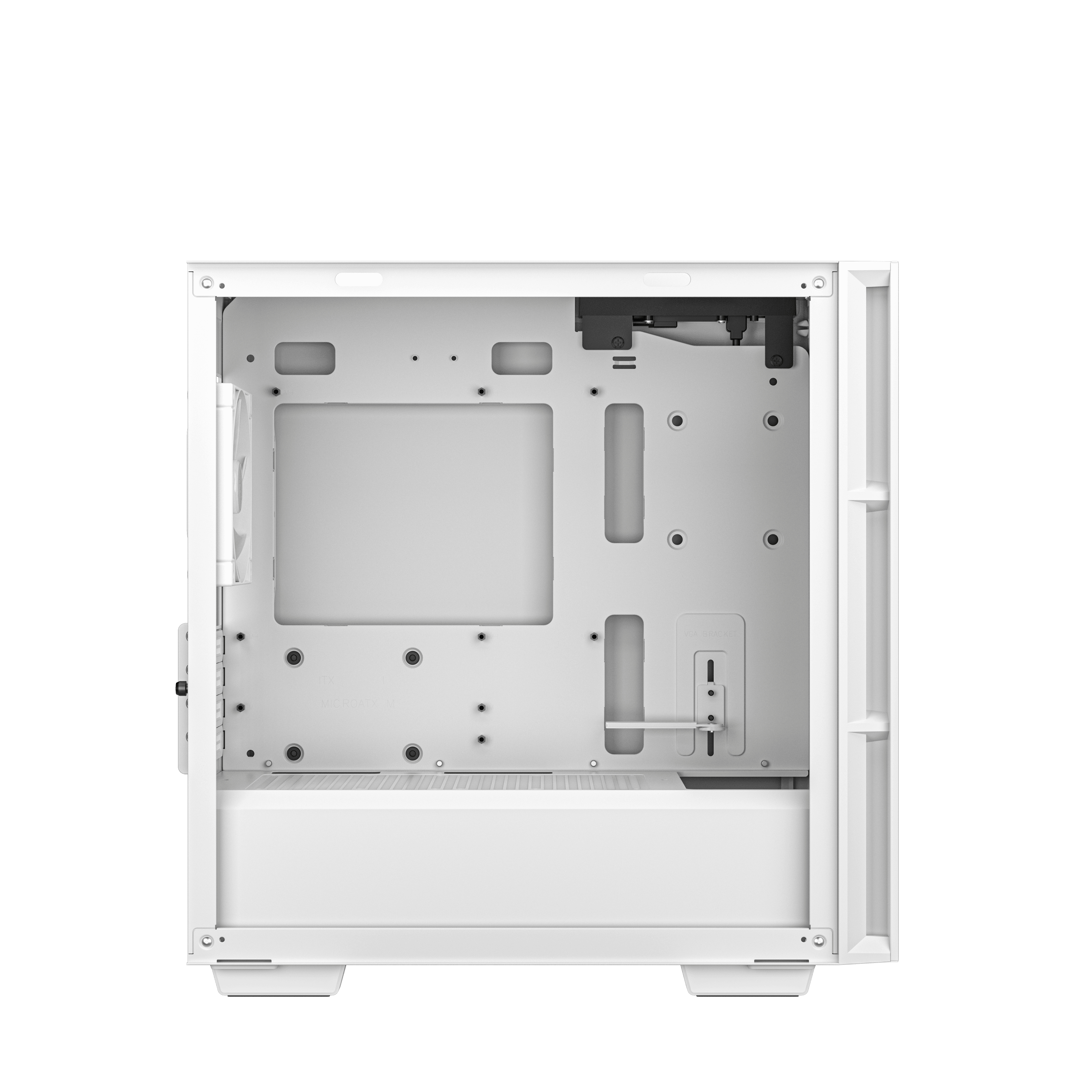 Intérieur de boîtier PC blanc, montrant l'espace vide et les points de montage. Aucun composant installé.