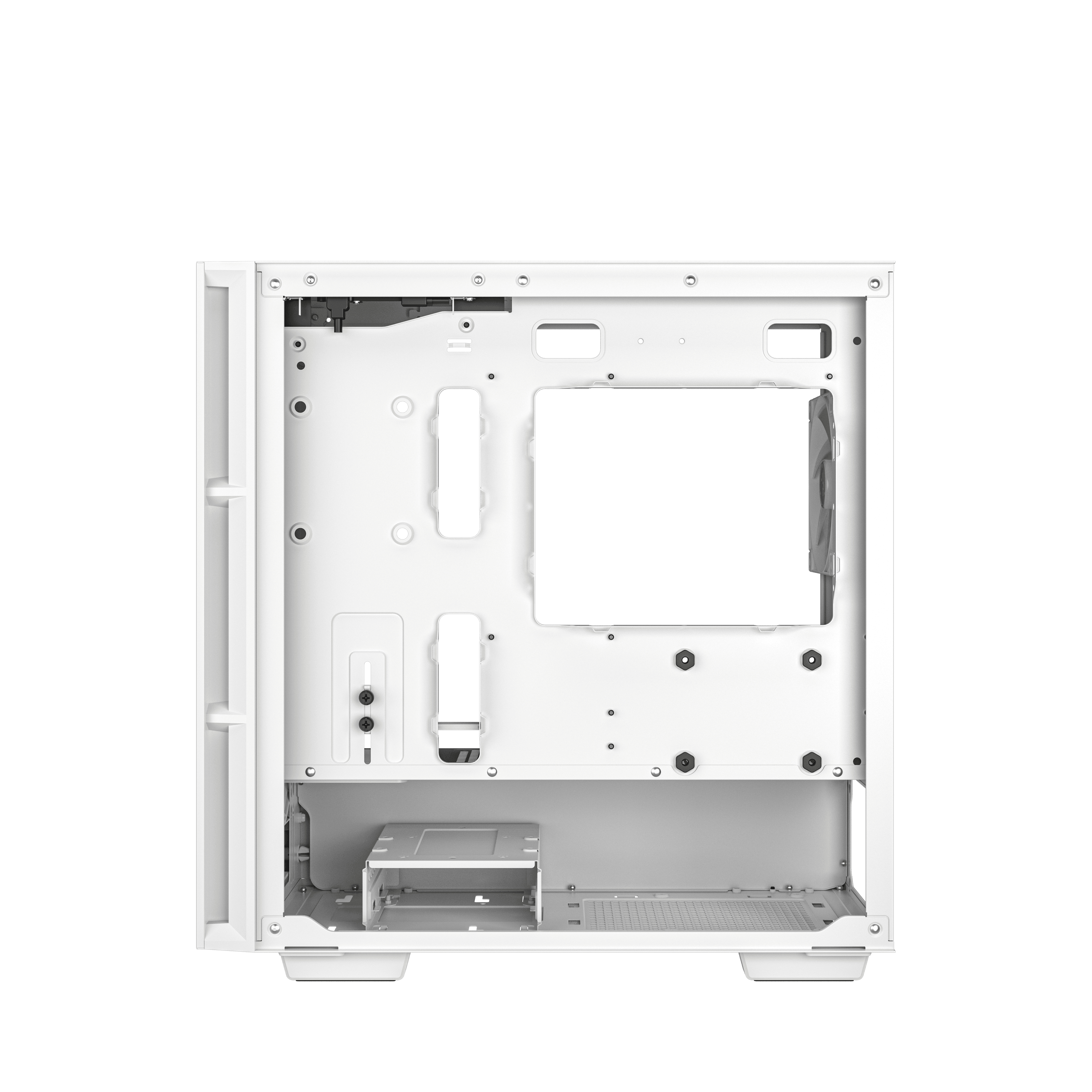 Intérieur de boîtier d'ordinateur blanc, montrant le cadre vide. Pas de composants.